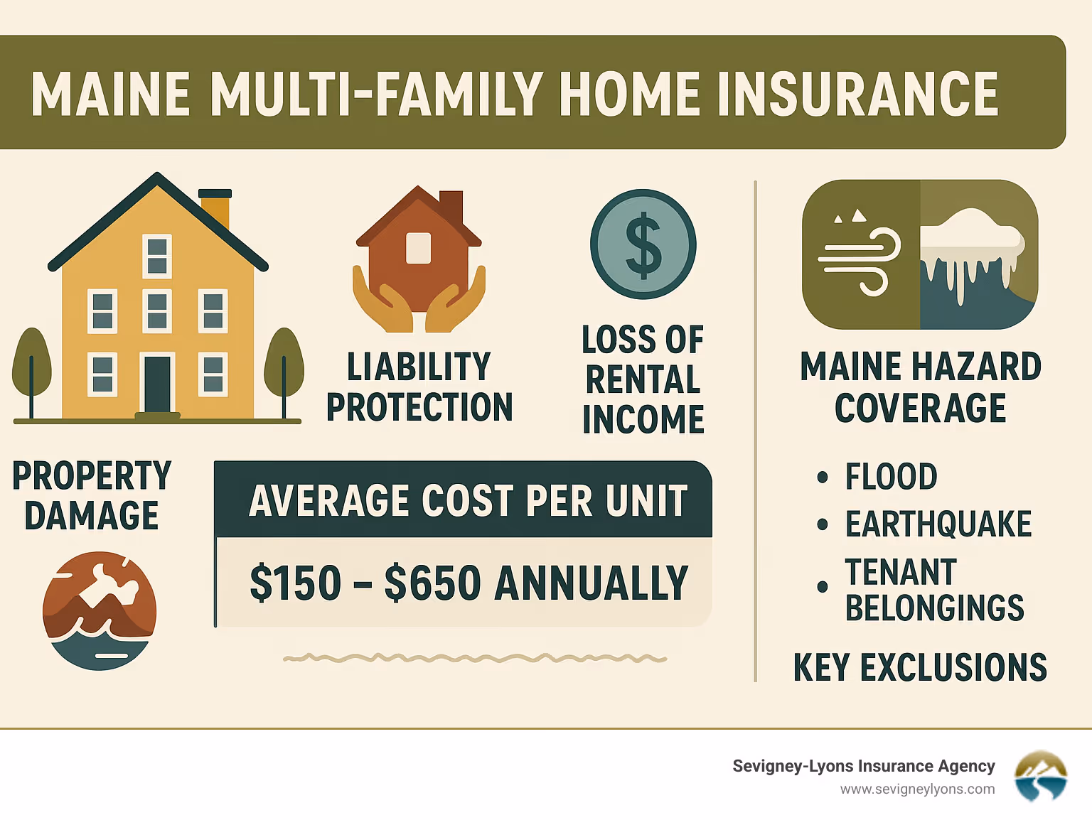 Comprehensive infographic showing Maine multi-family home insurance coverage types including property damage, liability protection, loss of rental income, and specialized Maine hazard coverage like coastal wind and ice dam protection, with average cost ranges per unit and key exclusions listed - Home insurance for multi-family homes infographic Comprehensive infographic showing Maine multi-family home insurance coverage types including property damage, liability protection, loss of rental income, and specialized Maine hazard coverage like coastal wind and ice dam protection, with average cost ranges per unit and key exclusions listed - Home insurance for multi-family homes infographic