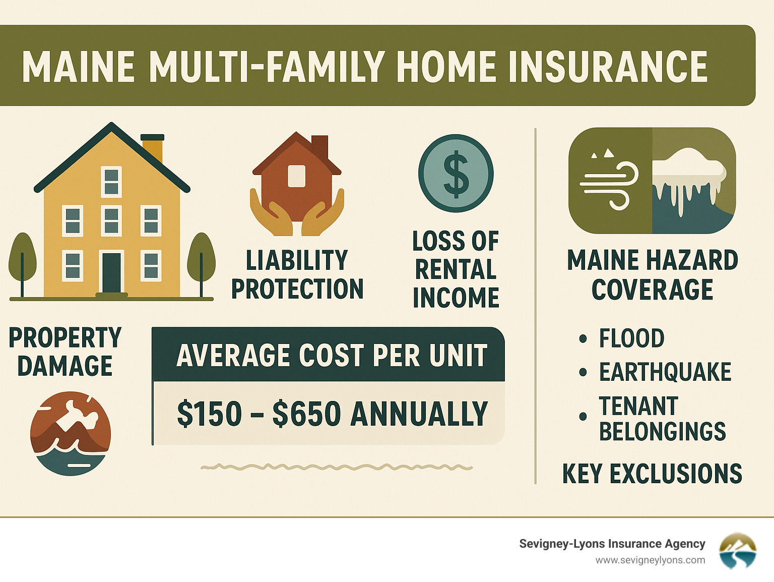 Comprehensive infographic showing Maine multi-family home insurance coverage types including property damage, liability protection, loss of rental income, and specialized Maine hazard coverage like coastal wind and ice dam protection, with average cost ranges per unit and key exclusions listed - Home insurance for multi-family homes infographic Comprehensive infographic showing Maine multi-family home insurance coverage types including property damage, liability protection, loss of rental income, and specialized Maine hazard coverage like coastal wind and ice dam protection, with average cost ranges per unit and key exclusions listed - Home insurance for multi-family homes infographic