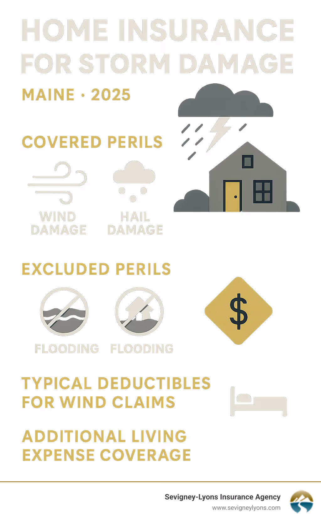 infographic showing Maine home insurance storm damage coverage including covered perils like wind and hail damage, excluded perils like flooding, typical deductibles for wind claims, and additional living expense coverage - Home insurance for storm damage infographic 