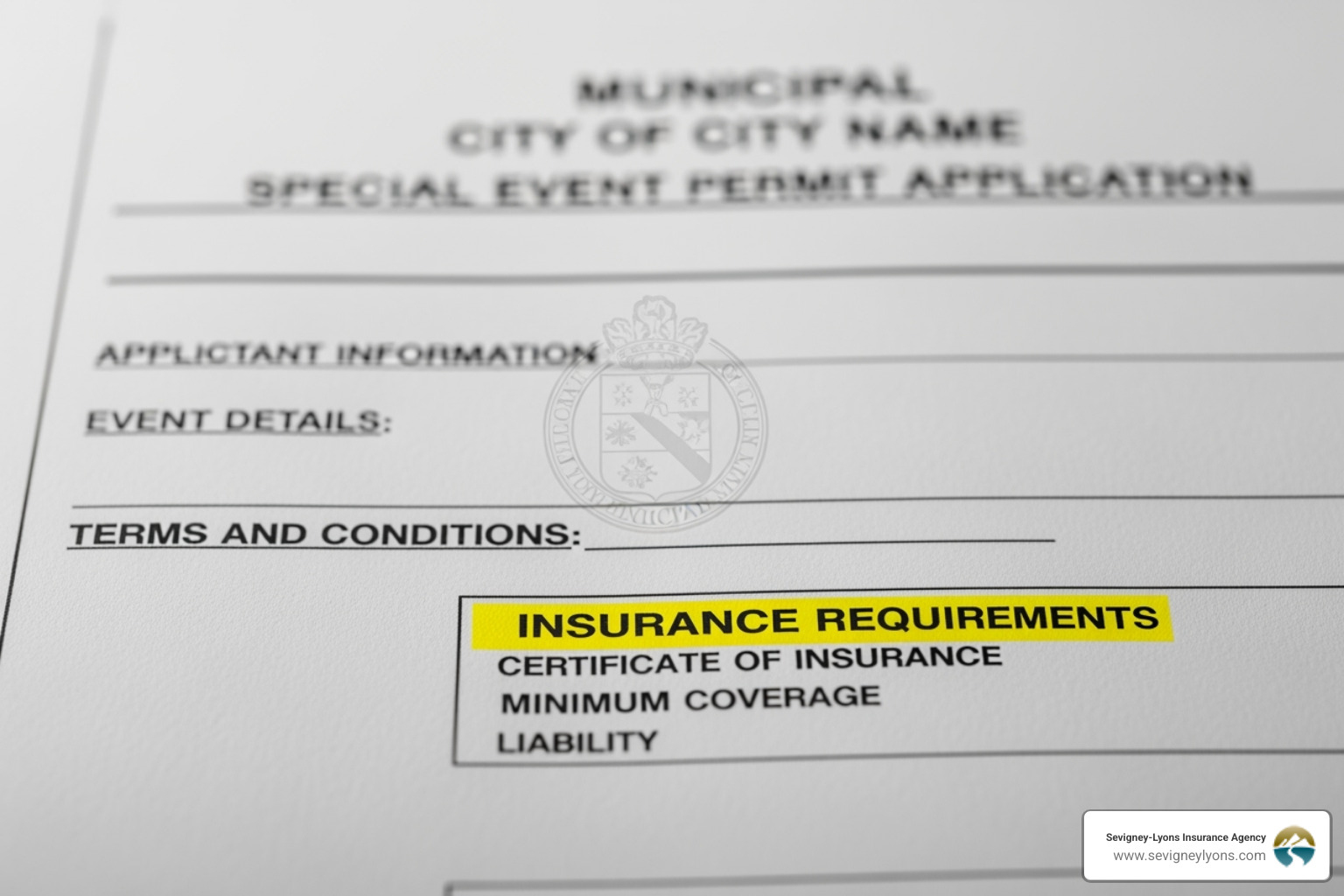 A special event permit for a festival in Biddeford, Maine, with sections for insurance requirements highlighted - certificate of liquor liability insurance