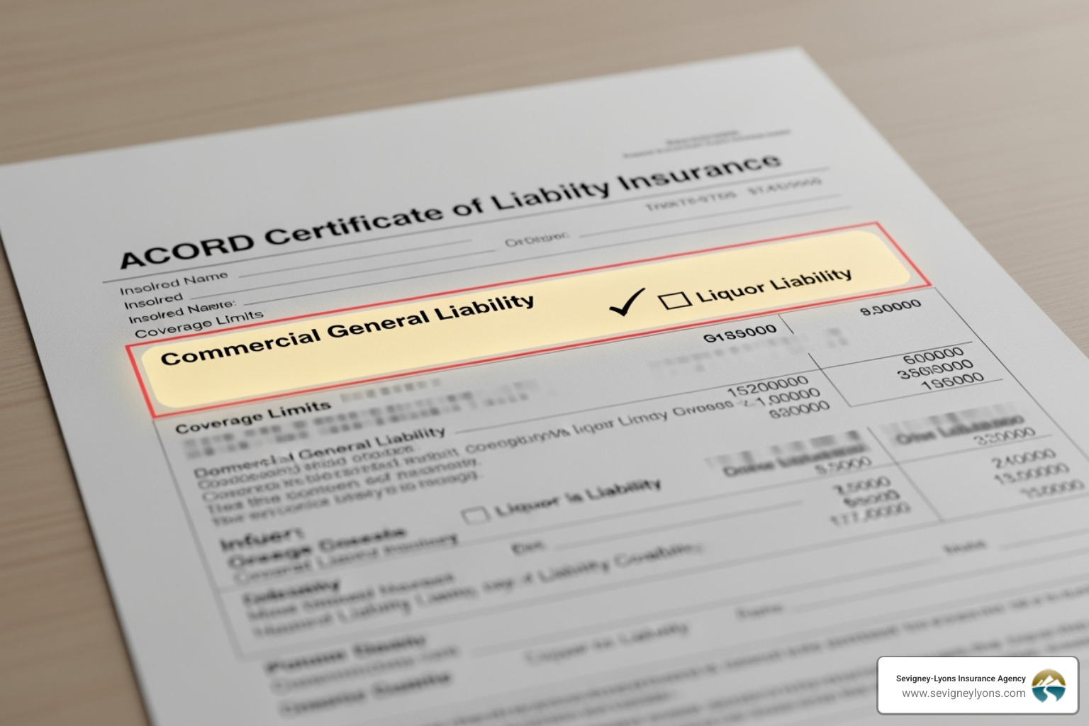 A sample ACORD Certificate of Liability Insurance with the liquor liability section highlighted, showing policy details and coverage limits - certificate of liquor liability insurance