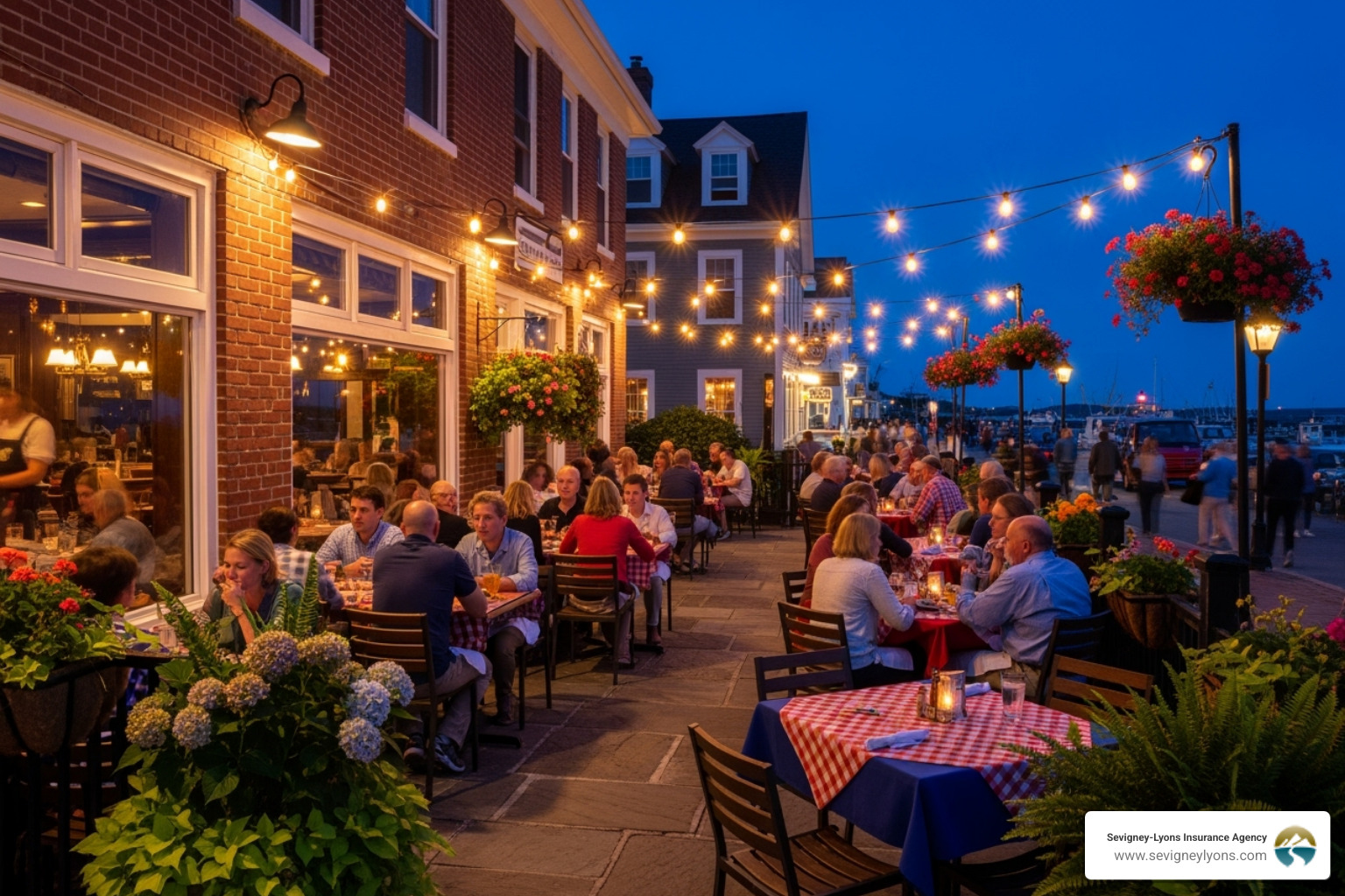 A busy, safe restaurant patio in a Southern Maine town with happy patrons enjoying their meals and drinks - certificate of liquor liability insurance