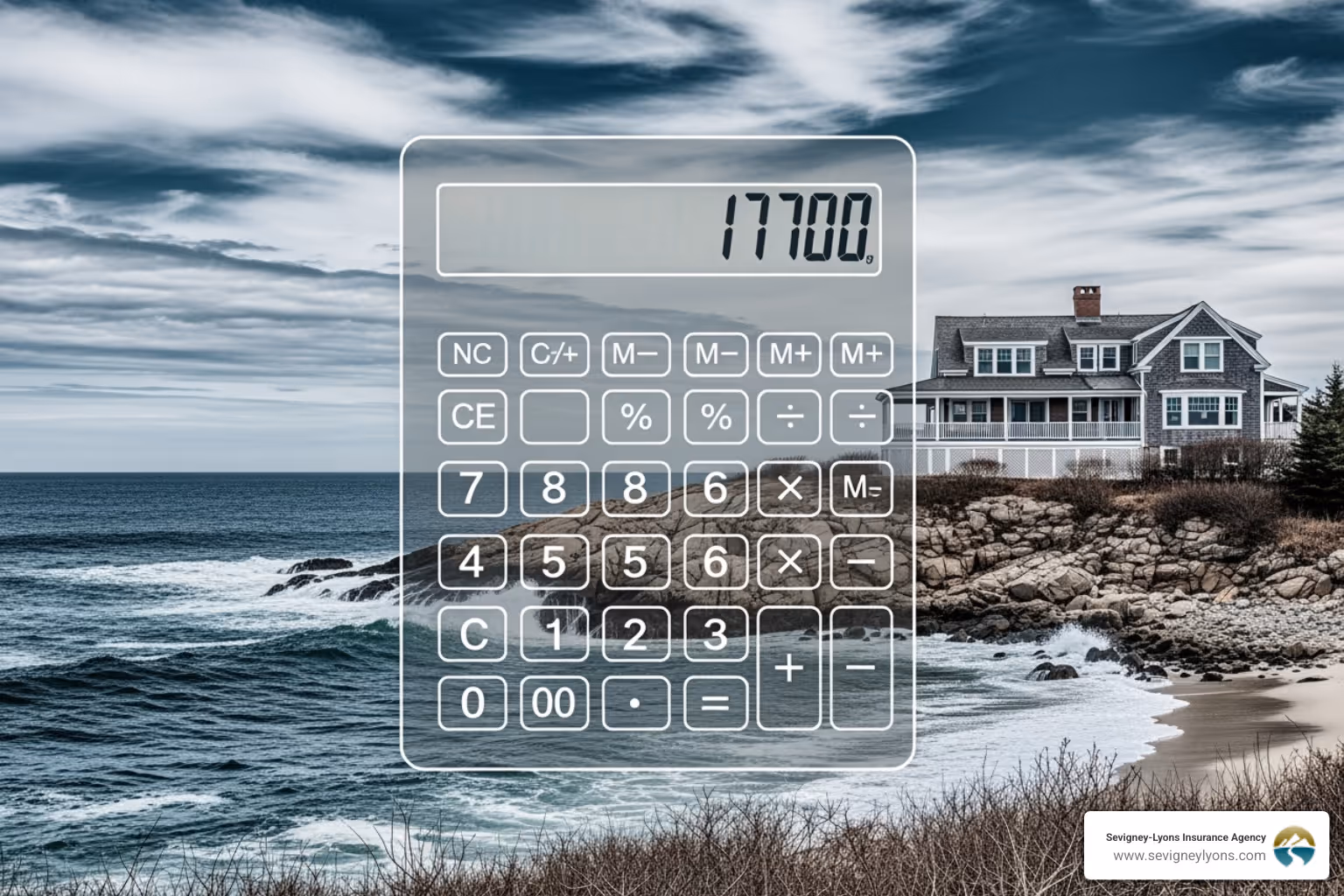 A stylized image of a coastal property in Kennebunk, Maine, with a transparent calculator overlay, symbolizing the various factors that go into calculating insurance costs for such properties. - insurance for property owners