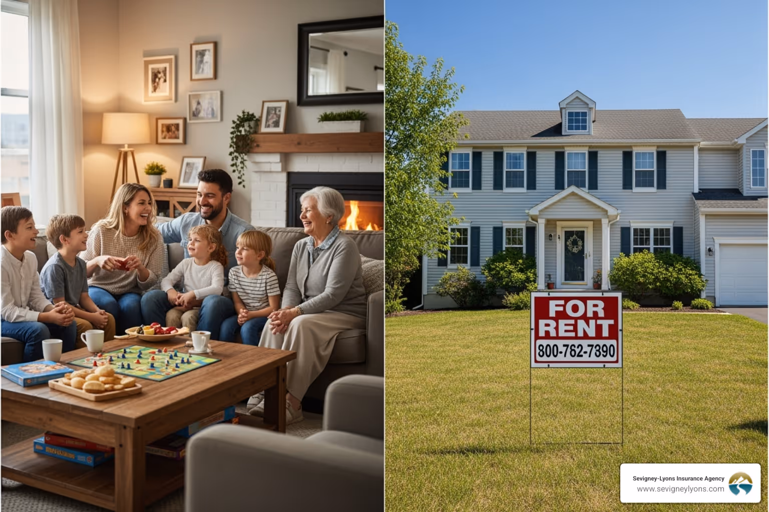 A split image showing a family happily living in their owner-occupied home on one side, contrasted with a "For Rent" sign prominently displayed on another property, symbolizing the shift from personal residence to rental investment. - insurance for property owners