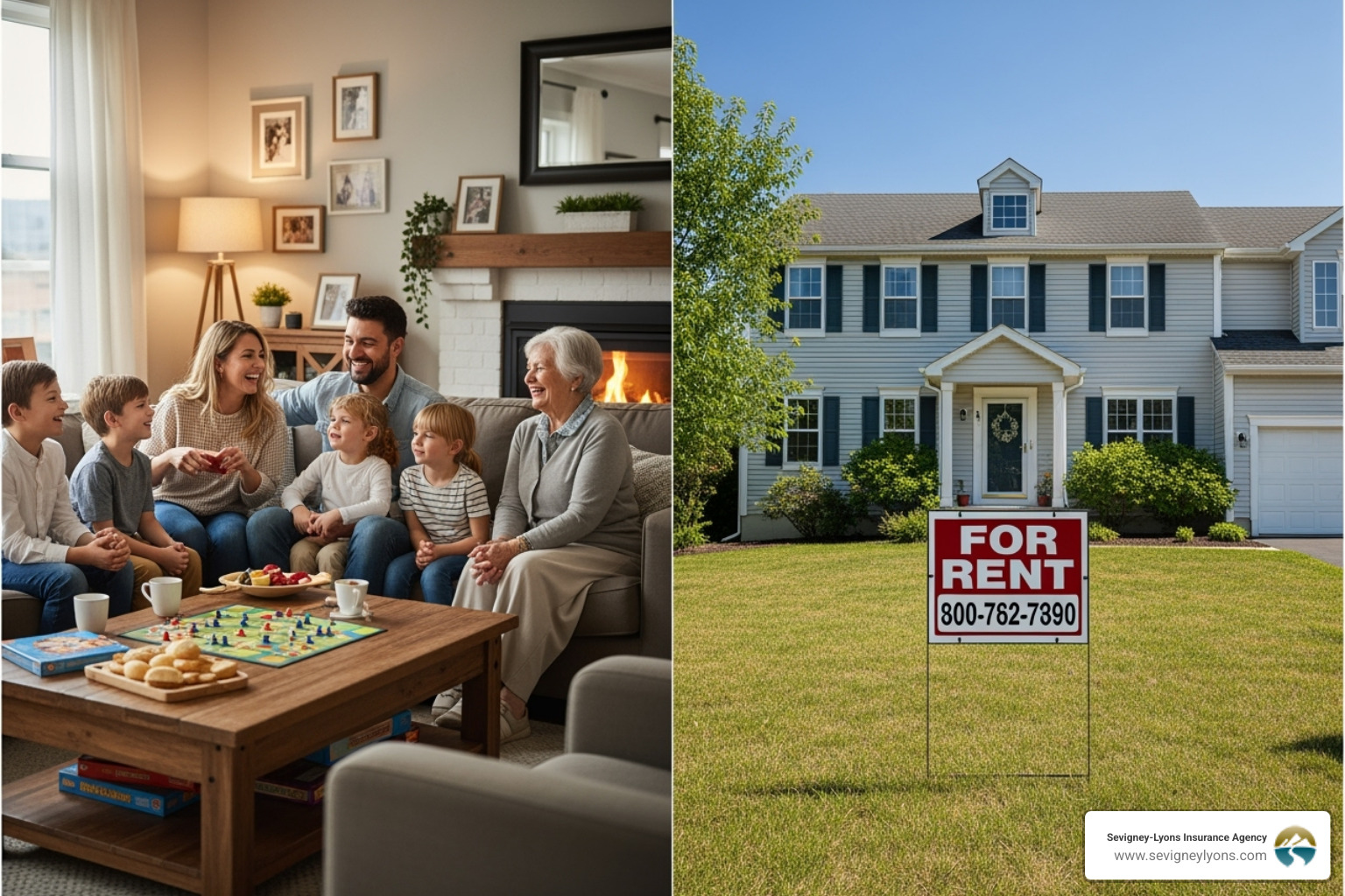A split image showing a family happily living in their owner-occupied home on one side, contrasted with a "For Rent" sign prominently displayed on another property, symbolizing the shift from personal residence to rental investment. - insurance for property owners