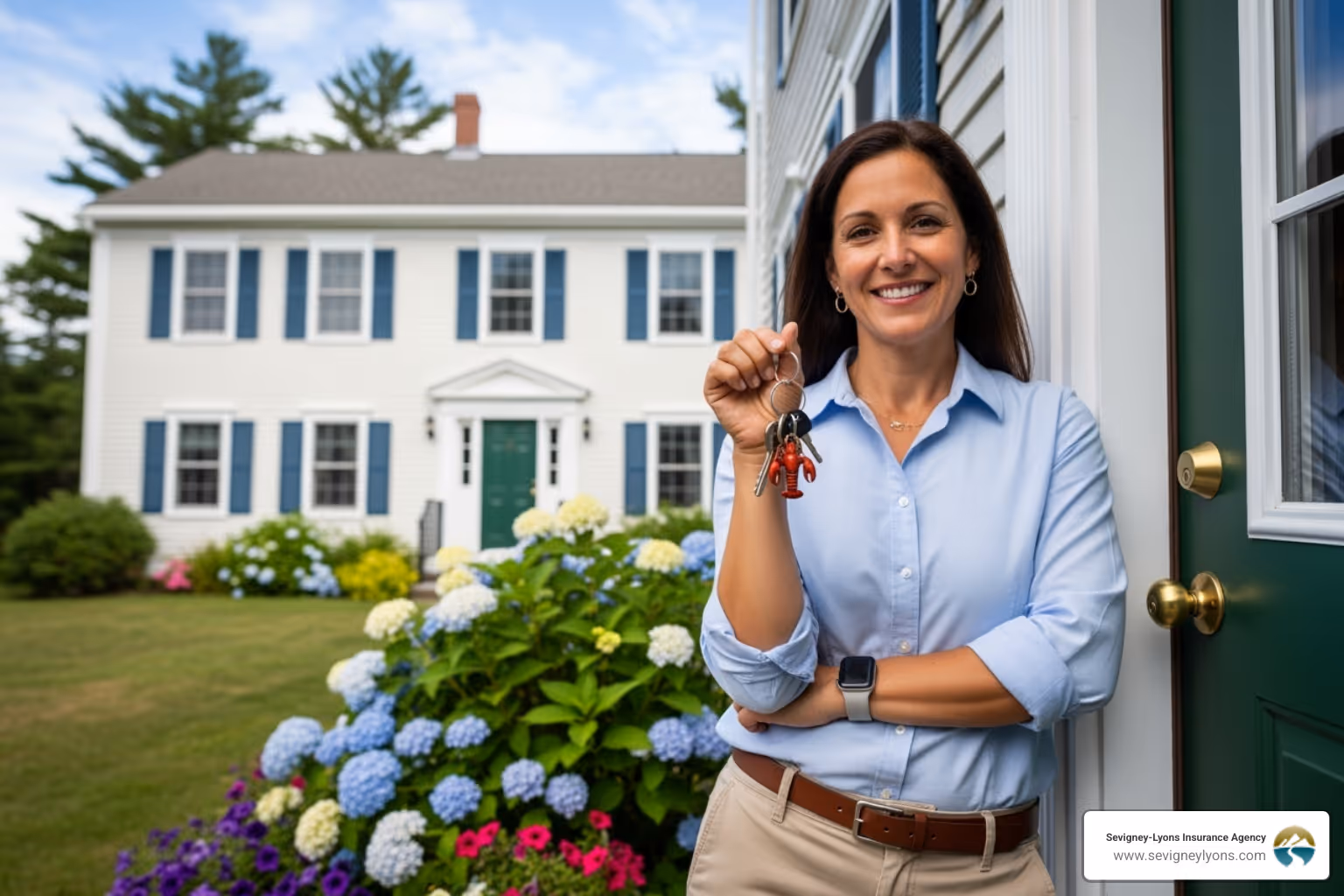 A smiling property owner in Maine holding a set of keys, looking confident and secure, with a backdrop of a well-maintained rental property. - insurance for property owners