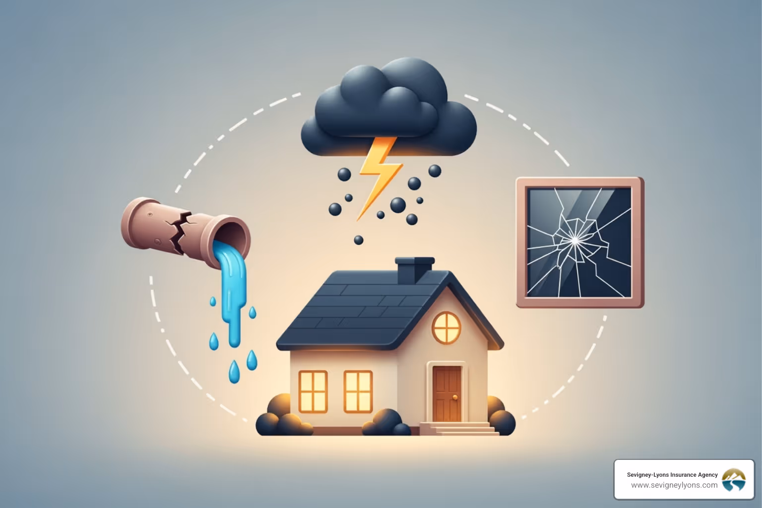 An illustration depicting a house with various icons representing common perils: a burst pipe, a storm cloud with lightning and hail, and a broken window indicating vandalism or theft. - insurance for property owners