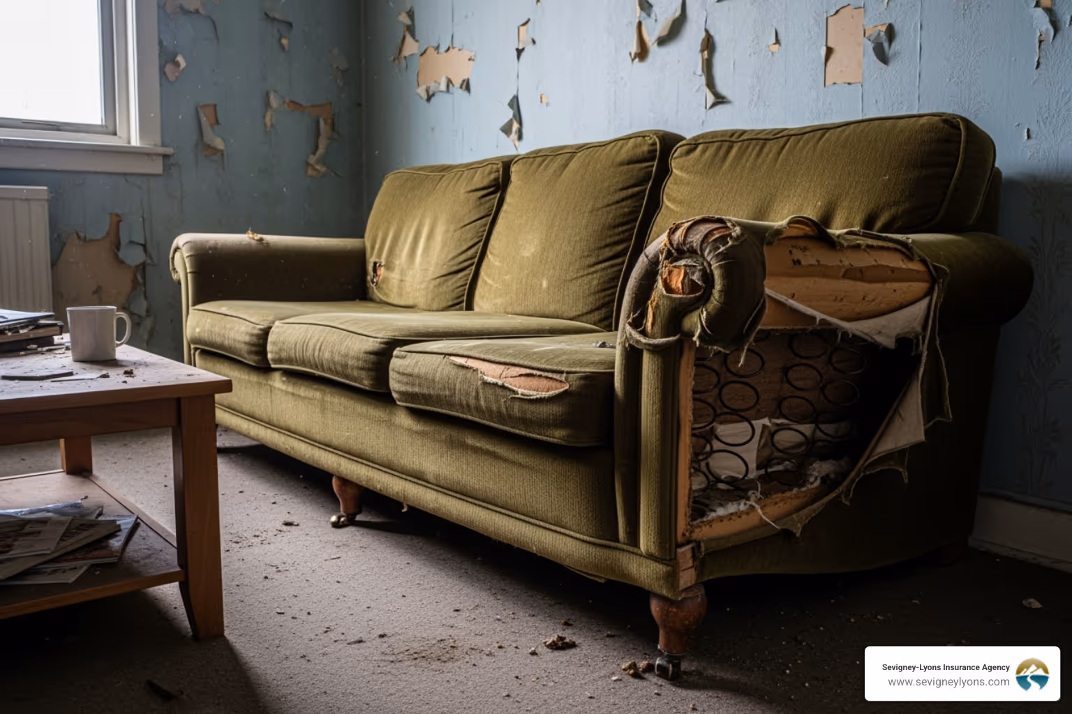 Image of damaged sofa - Home insurance policy comparison Image of damaged sofa - Home insurance policy comparison