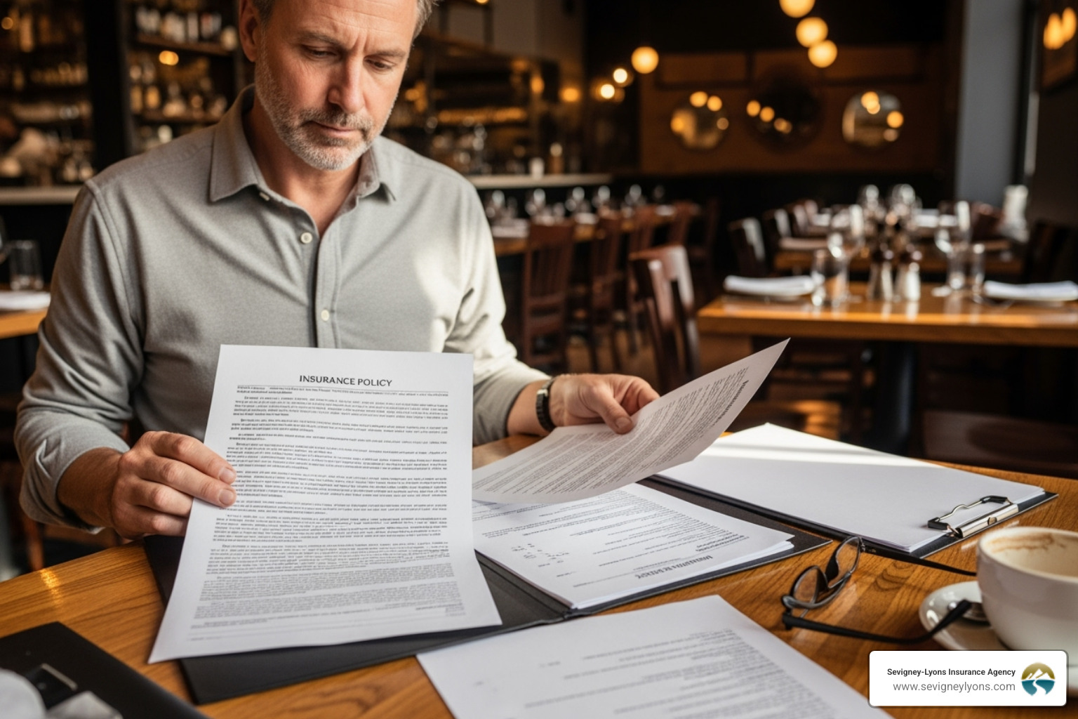 Restaurant owner reviewing an insurance policy - dram shop insurance coverage