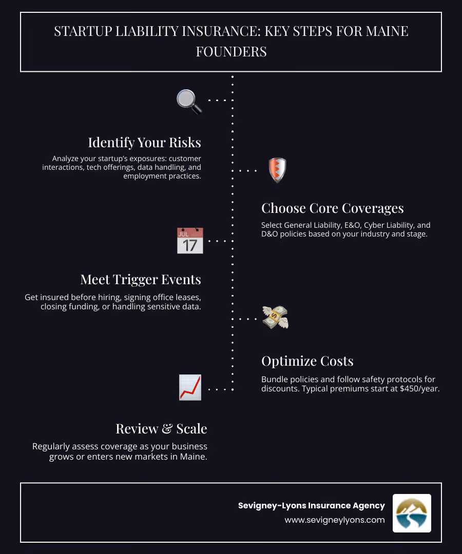 Comprehensive breakdown of Maine startup liability insurance requirements including coverage types, typical costs, and mandatory vs optional policies for businesses in Wells, Kennebunk, Ogunquit, and Biddeford - liability insurance for startups infographic infographic-line-5-steps-dark