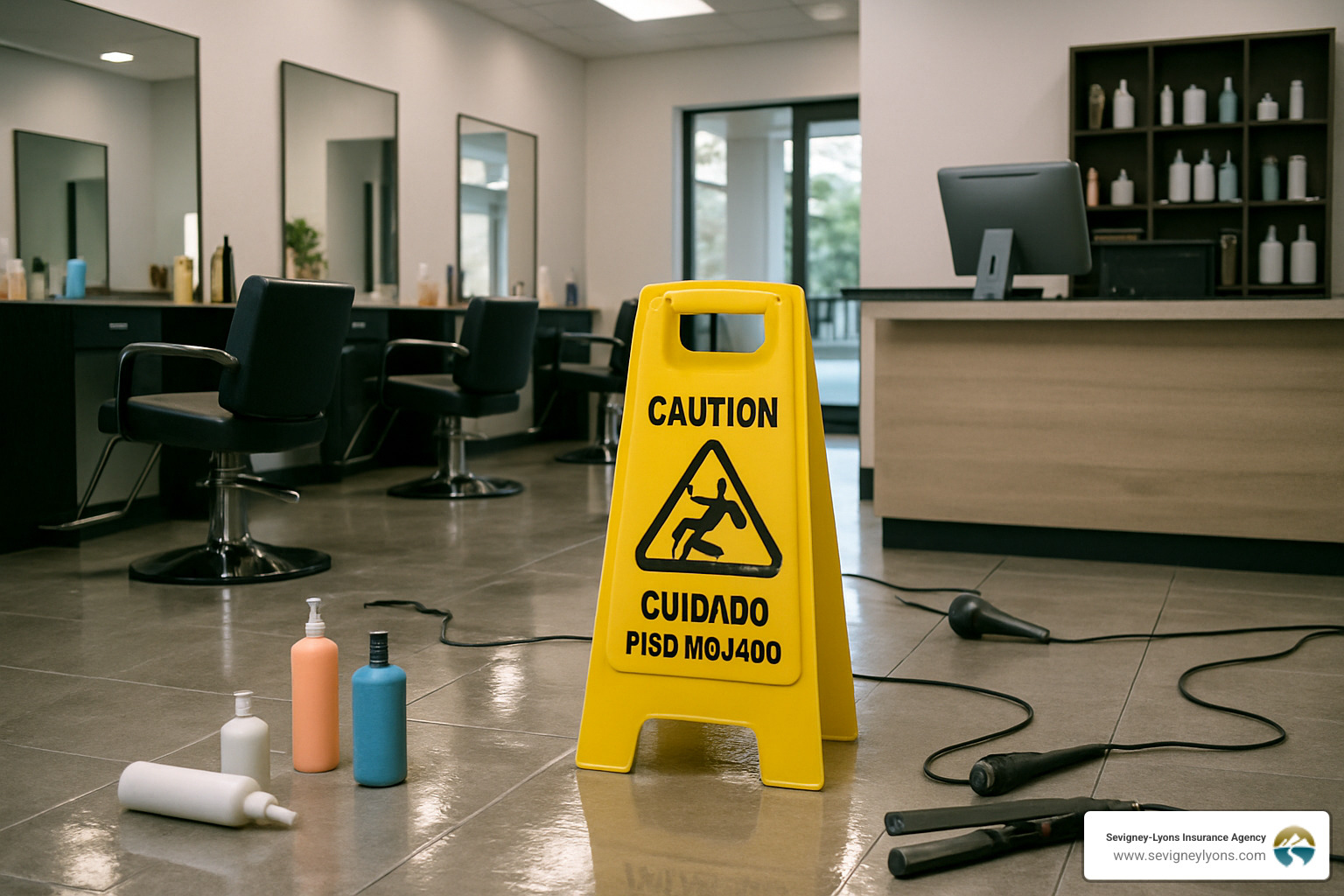 slippery salon floor with warning signs, chemical bottles, electrical equipment, and computer systems showing various liability risks - liability insurance for salons
