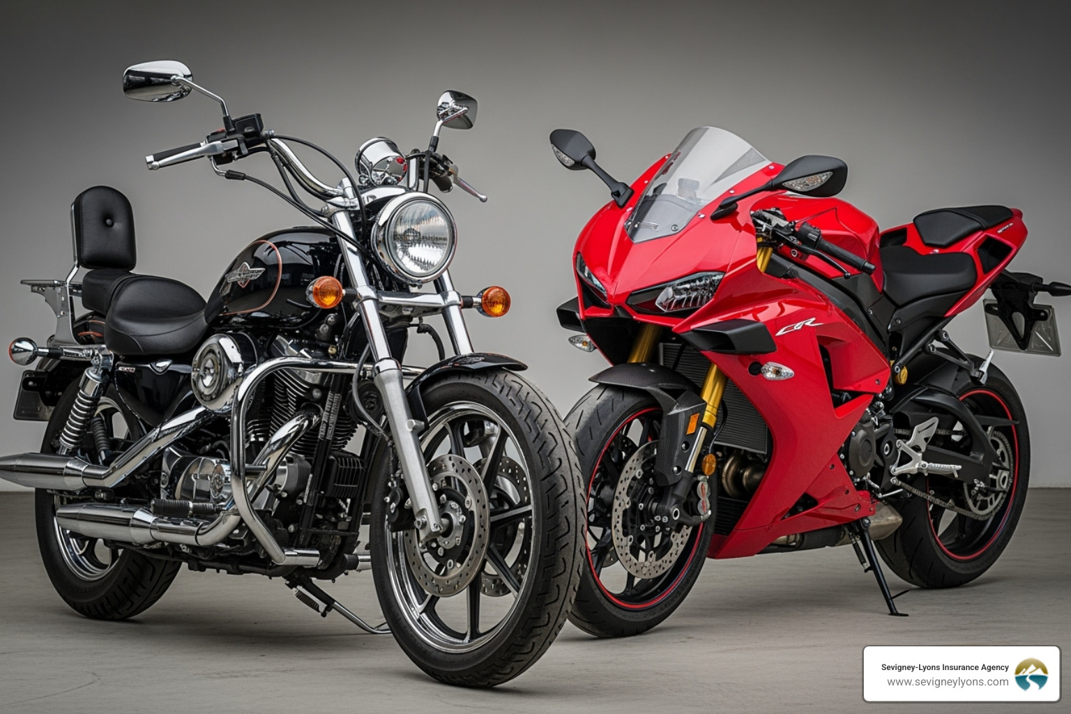 classic cruiser motorcycle and modern sport bike side by side - Best motorcycle insurance quotes