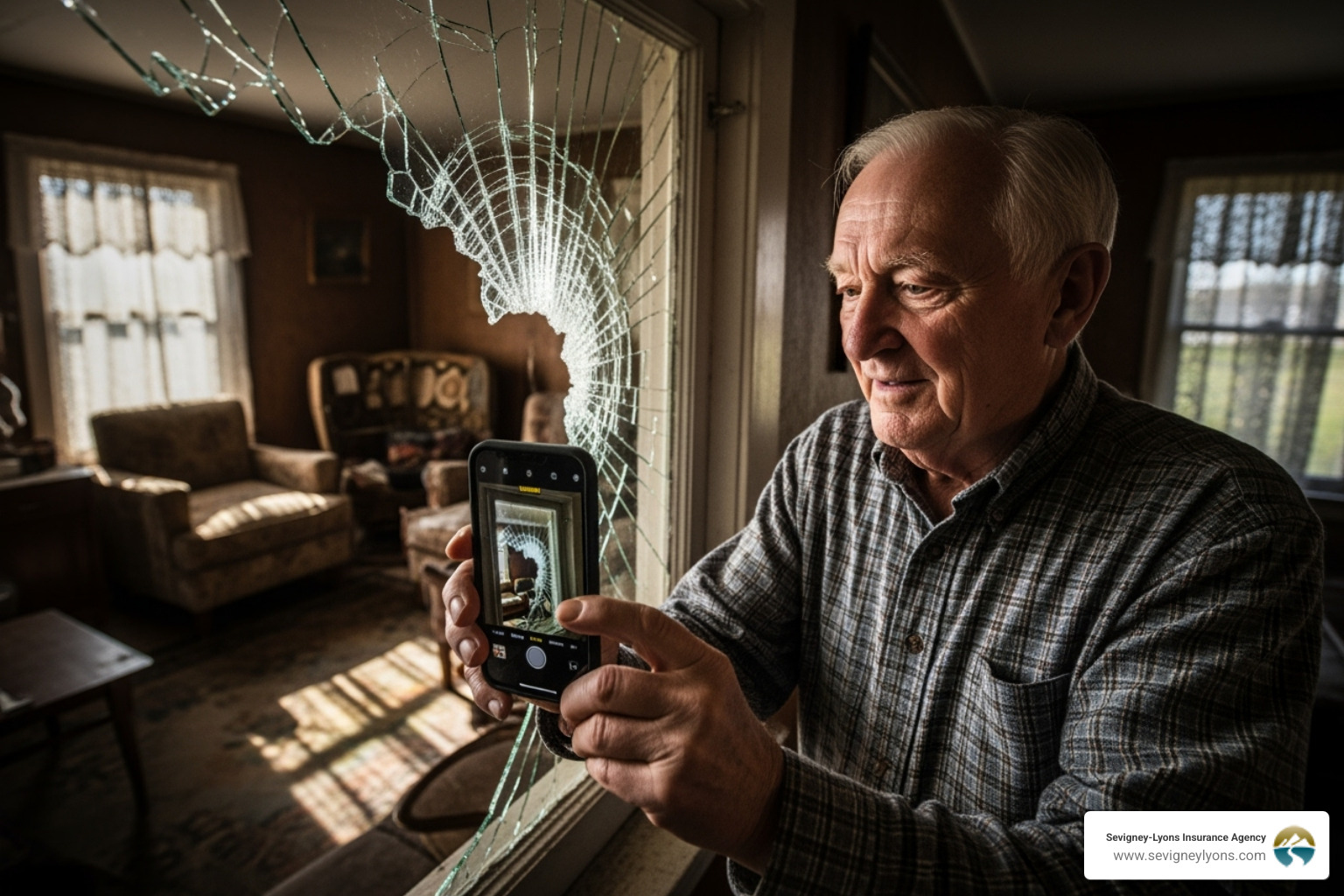 person documenting broken window - renters insurance theft