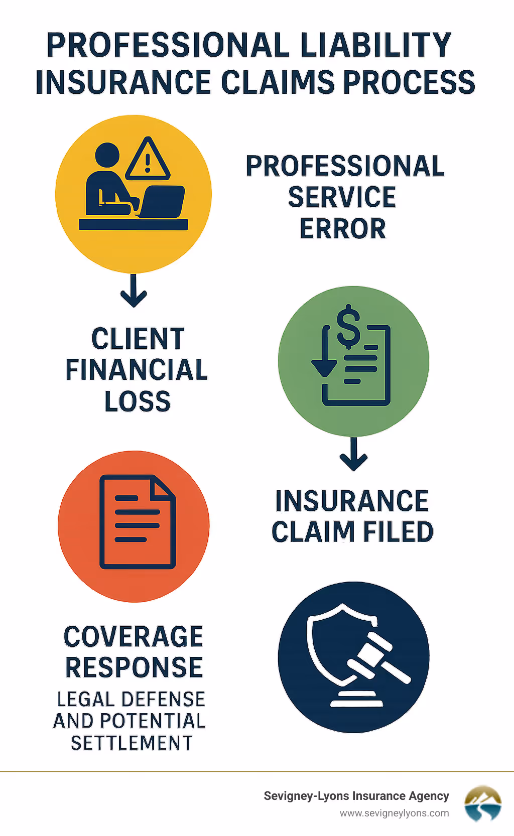 Professional liability insurance claims process infographic showing the flow from a professional service error to client financial loss to insurance claim filing to coverage response including legal defense and potential settlement - What is professional liability infographic 