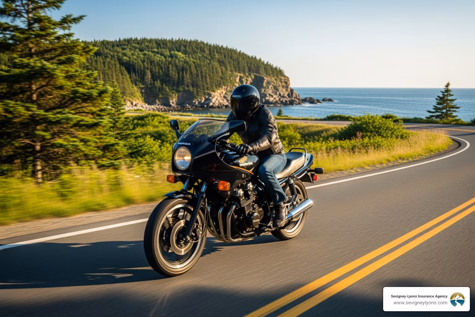 motorcycle driver on maine coast