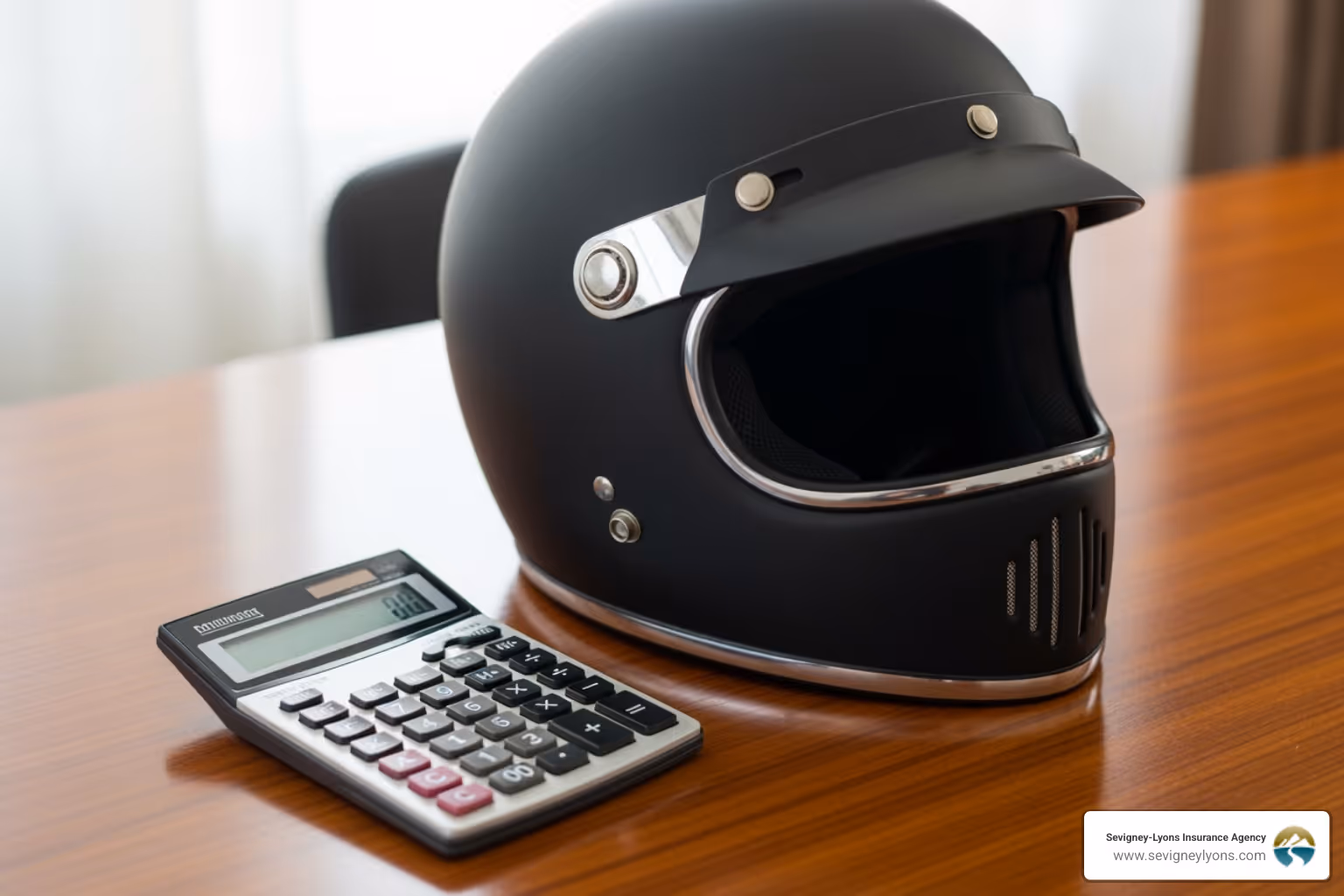 calculator next to a motorcycle helmet on a desk - motorcycle insurance quote