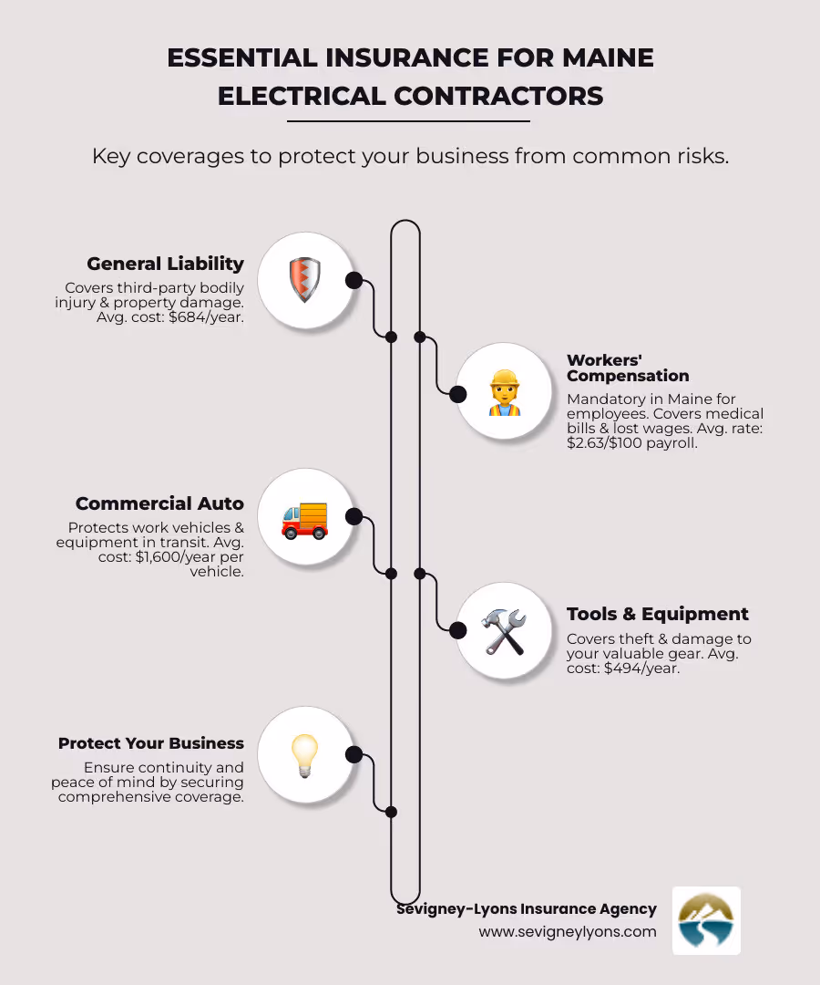infographic showing the four essential insurance coverages for electrical contractors: general liability protecting against third-party claims, workers compensation covering employee injuries, commercial auto insurance for work vehicles, and tools and equipment insurance for valuable gear, with average costs and coverage limits for each - electrical contractor insurance infographic infographic-line-5-steps-elegant_beige