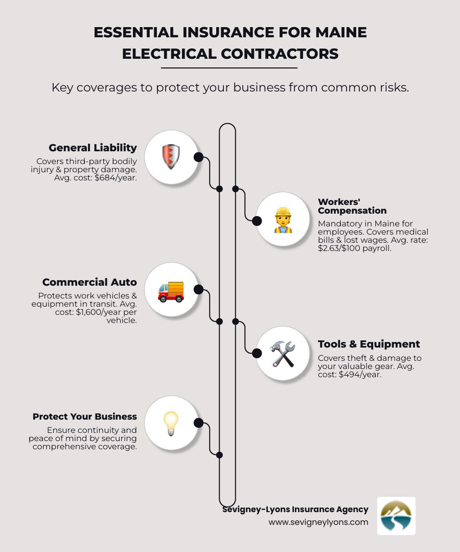 infographic showing the four essential insurance coverages for electrical contractors: general liability protecting against third-party claims, workers compensation covering employee injuries, commercial auto insurance for work vehicles, and tools and equipment insurance for valuable gear, with average costs and coverage limits for each - electrical contractor insurance infographic infographic-line-5-steps-elegant_beige infographic showing the four essential insurance coverages for electrical contractors: general liability protecting against third-party claims, workers compensation covering employee injuries, commercial auto insurance for work vehicles, and tools and equipment insurance for valuable gear, with average costs and coverage limits for each - electrical contractor insurance infographic infographic-line-5-steps-elegant_beige