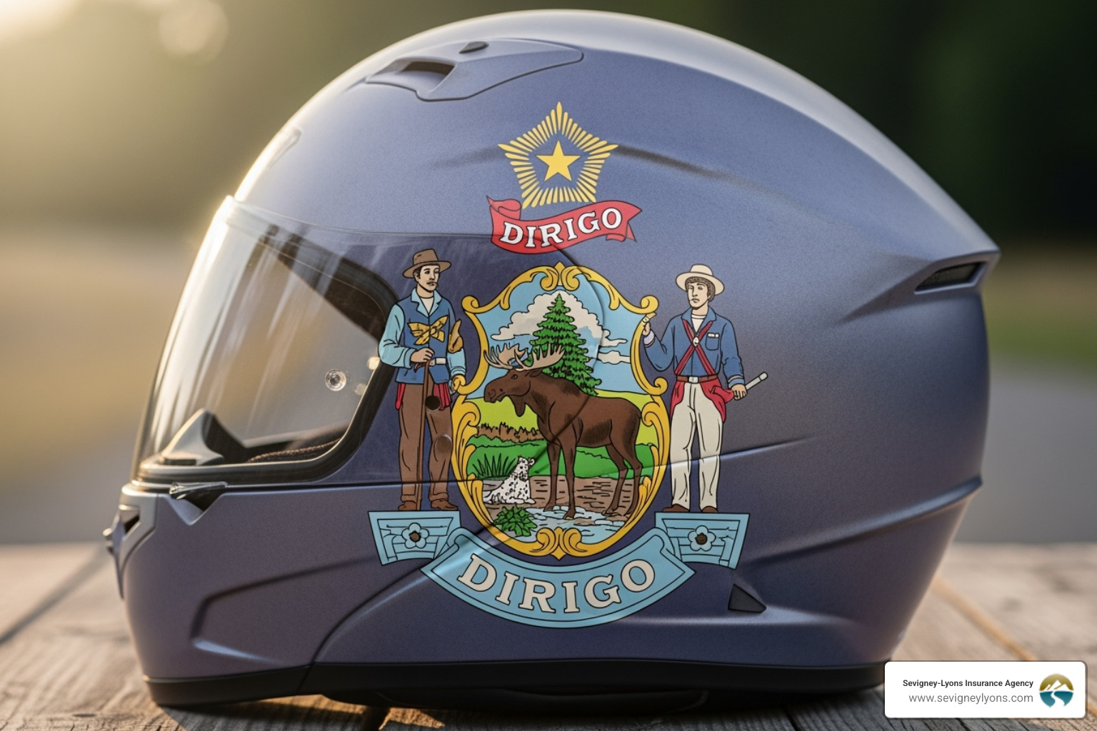 Maine state flag superimposed on a motorcycle helmet - Motorcycle insurance for beginners Maine state flag superimposed on a motorcycle helmet - Motorcycle insurance for beginners