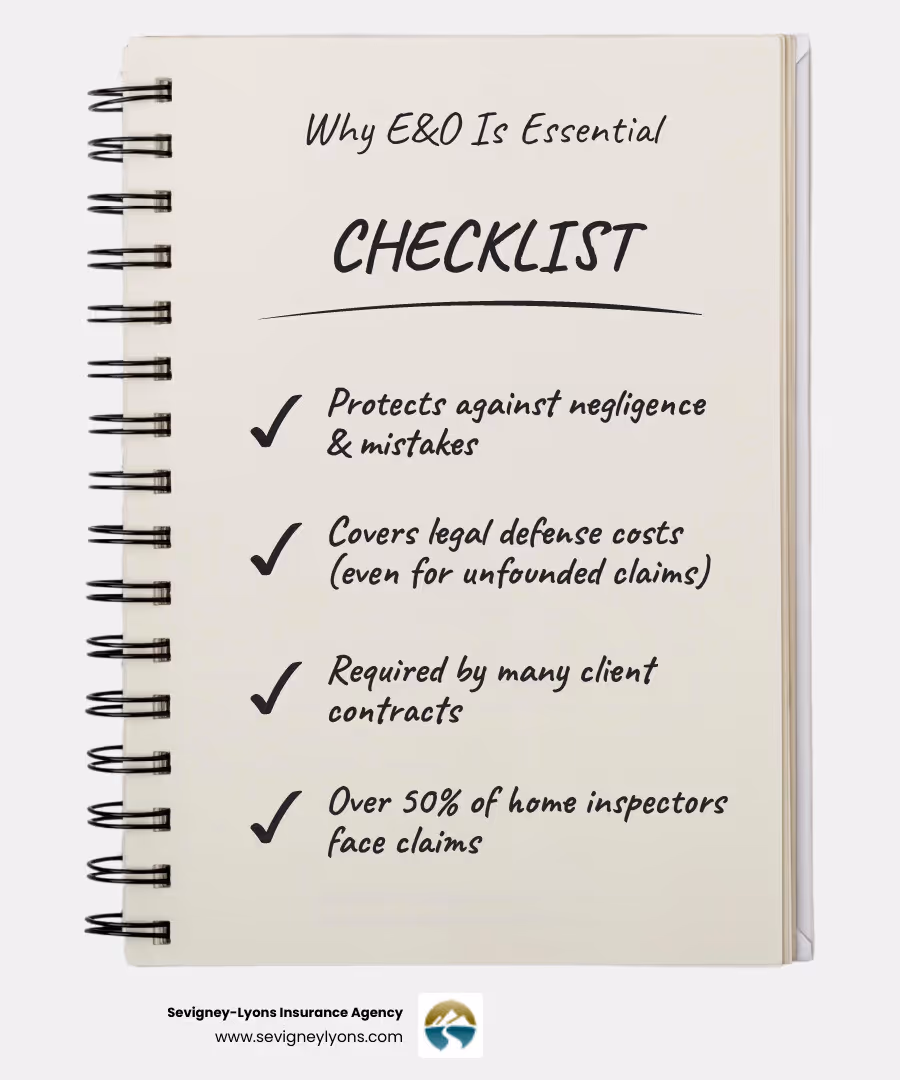 Infographic showing E&O insurance as a protective umbrella covering various Maine professionals including real estate agents, consultants, accountants, and home inspectors, with arrows pointing to coverage benefits like legal defense costs, financial protection, and peace of mind - Who needs E&O insurance infographic checklist-notebook