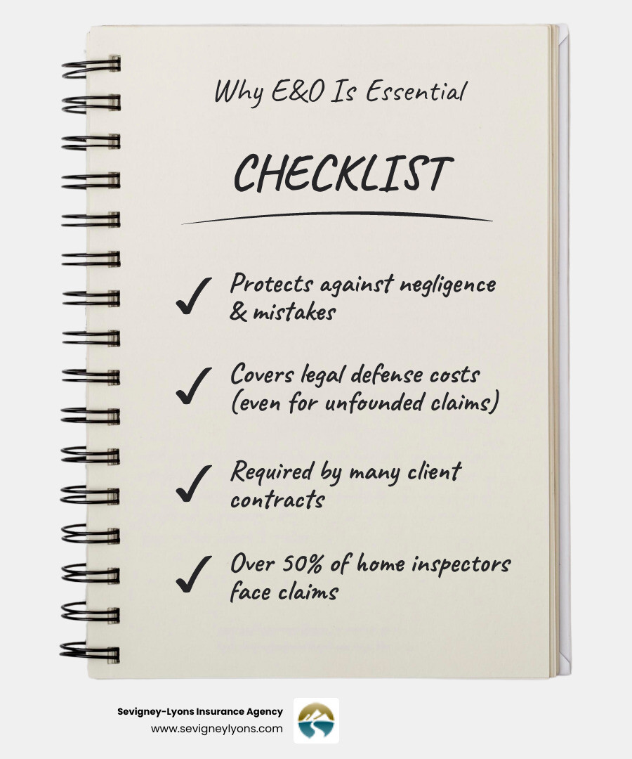 Infographic showing E&O insurance as a protective umbrella covering various Maine professionals including real estate agents, consultants, accountants, and home inspectors, with arrows pointing to coverage benefits like legal defense costs, financial protection, and peace of mind - Who needs E&O insurance infographic checklist-notebook Infographic showing E&O insurance as a protective umbrella covering various Maine professionals including real estate agents, consultants, accountants, and home inspectors, with arrows pointing to coverage benefits like legal defense costs, financial protection, and peace of mind - Who needs E&O insurance infographic checklist-notebook