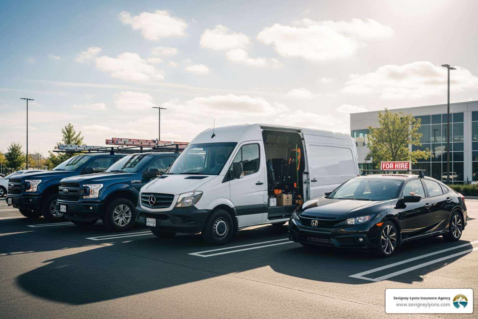 of various commercial vehicles (pickup truck, cargo van, sedan) lined up in a parking lot - Business auto liability coverage of various commercial vehicles (pickup truck, cargo van, sedan) lined up in a parking lot - Business auto liability coverage