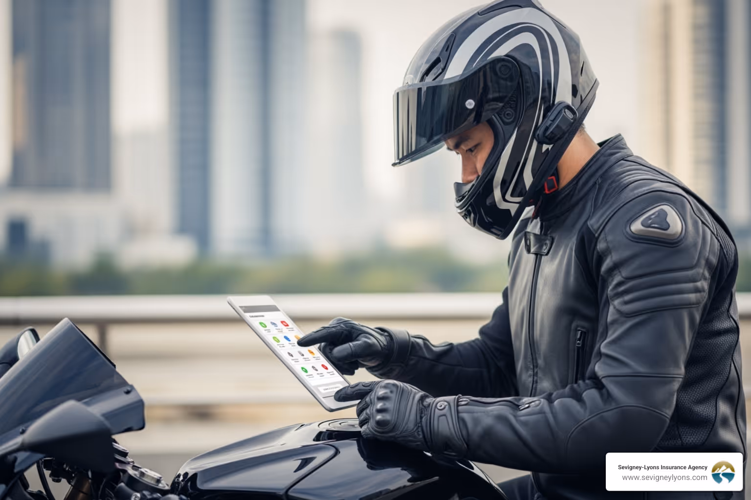 rider choosing different coverage options on a tablet - best motorcycle insurance policy for state of maine