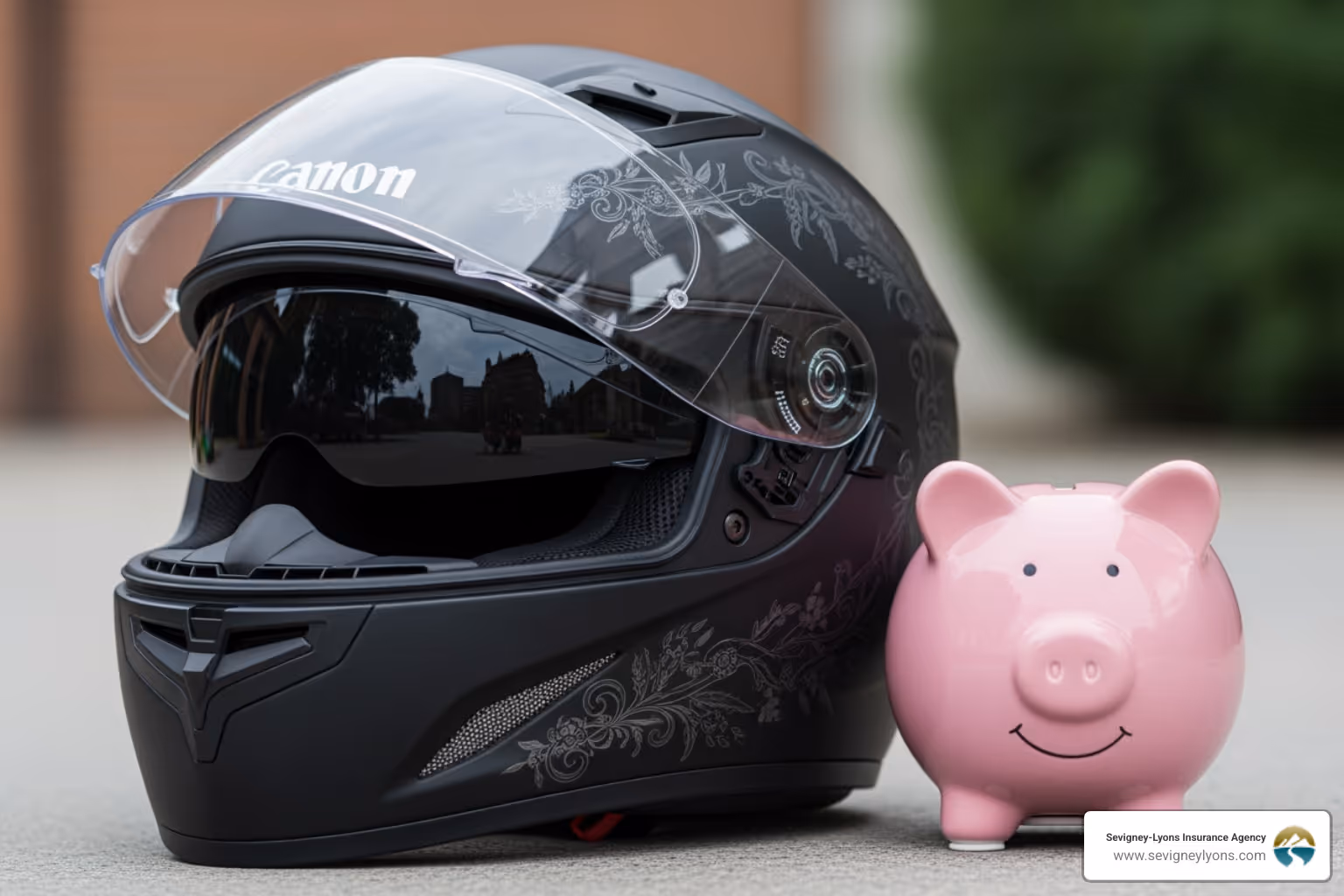 motorcycle helmet with a piggy bank - best motorcycle insurance policy for state of maine