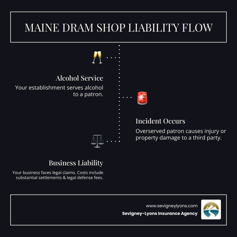 Infographic showing the liability chain from business serving alcohol to intoxicated patron to third-party injury, with arrows indicating financial responsibility flowing back to the establishment under Maine dram shop laws, including average settlement amounts and legal defense costs - dram shop insurance cost infographic infographic-line-3-steps-dark Infographic showing the liability chain from business serving alcohol to intoxicated patron to third-party injury, with arrows indicating financial responsibility flowing back to the establishment under Maine dram shop laws, including average settlement amounts and legal defense costs - dram shop insurance cost infographic infographic-line-3-steps-dark
