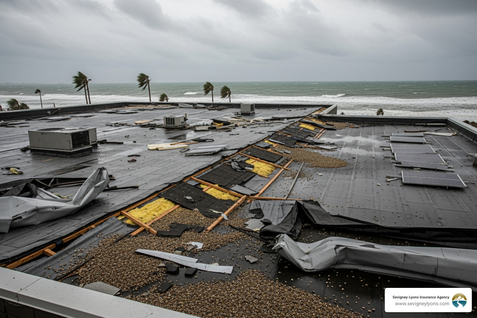 Storm-damaged commercial building roof in a coastal setting - Commercial property insurance Storm-damaged commercial building roof in a coastal setting - Commercial property insurance