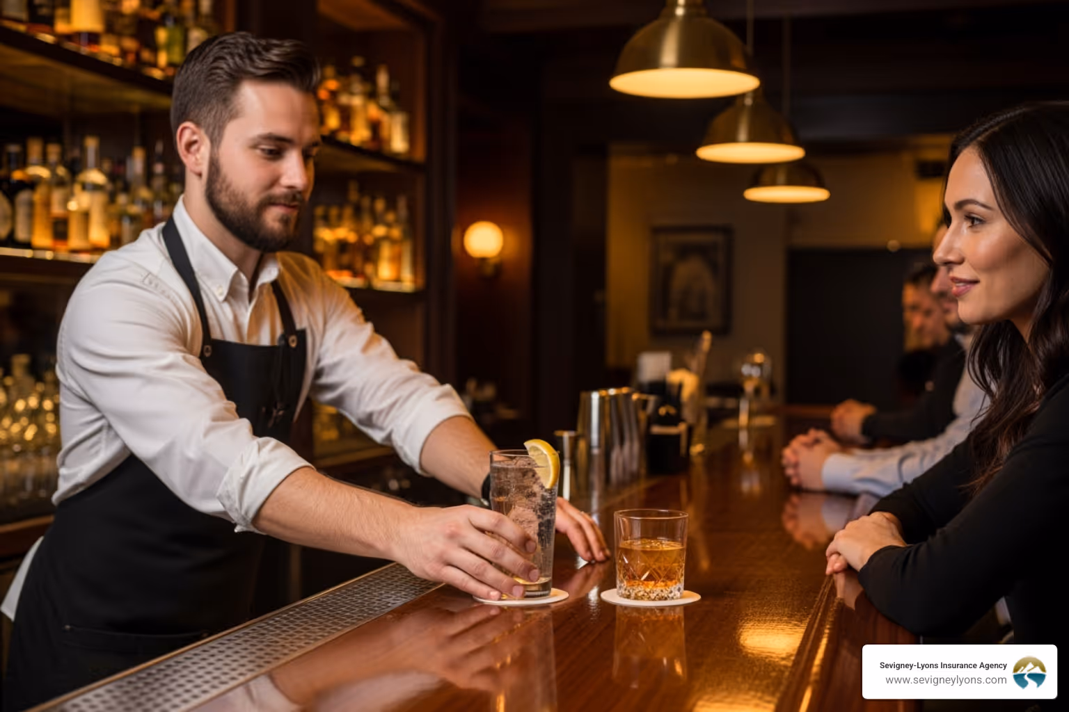 A bartender responsibly serving a customer a glass of water alongside an alcoholic drink - Liquor Liability Insurance