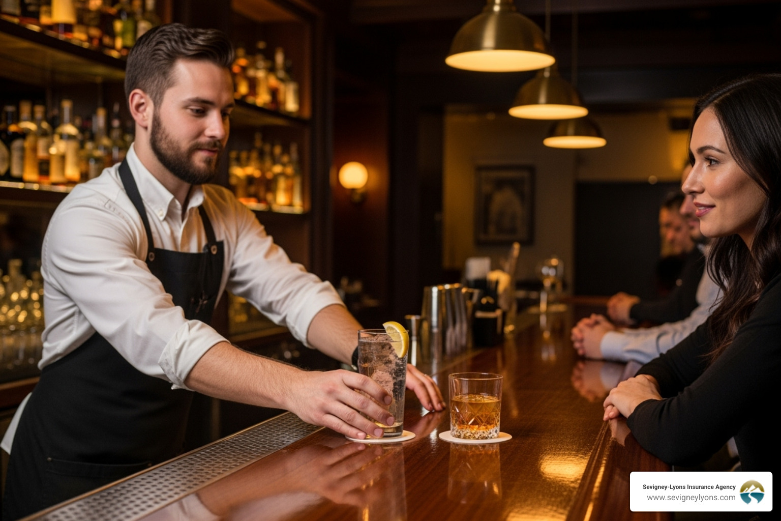 A bartender responsibly serving a customer a glass of water alongside an alcoholic drink - Liquor Liability Insurance A bartender responsibly serving a customer a glass of water alongside an alcoholic drink - Liquor Liability Insurance