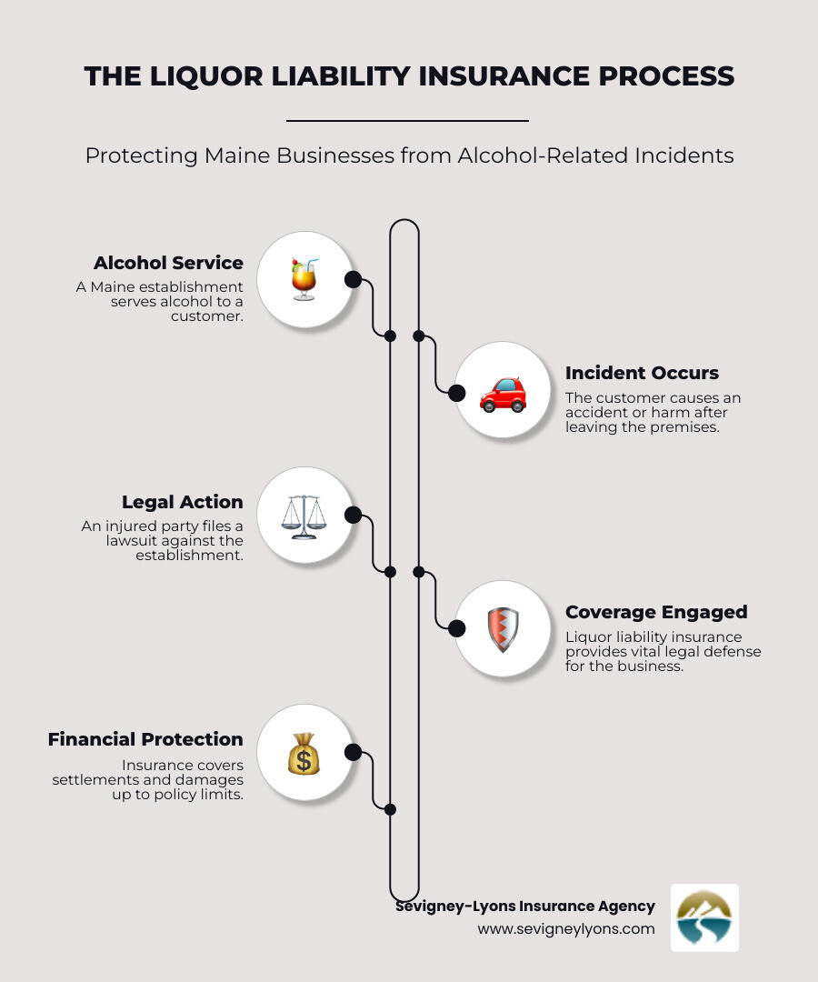 Infographic showing the liquor liability insurance process: A Maine restaurant serves alcohol to a customer, the customer causes an accident after leaving, the injured party files a lawsuit against the restaurant, and liquor liability insurance covers legal defense costs, settlements, and damages up to policy limits - Liquor Liability Insurance infographic infographic-line-5-steps-neat_beige Infographic showing the liquor liability insurance process: A Maine restaurant serves alcohol to a customer, the customer causes an accident after leaving, the injured party files a lawsuit against the restaurant, and liquor liability insurance covers legal defense costs, settlements, and damages up to policy limits - Liquor Liability Insurance infographic infographic-line-5-steps-neat_beige