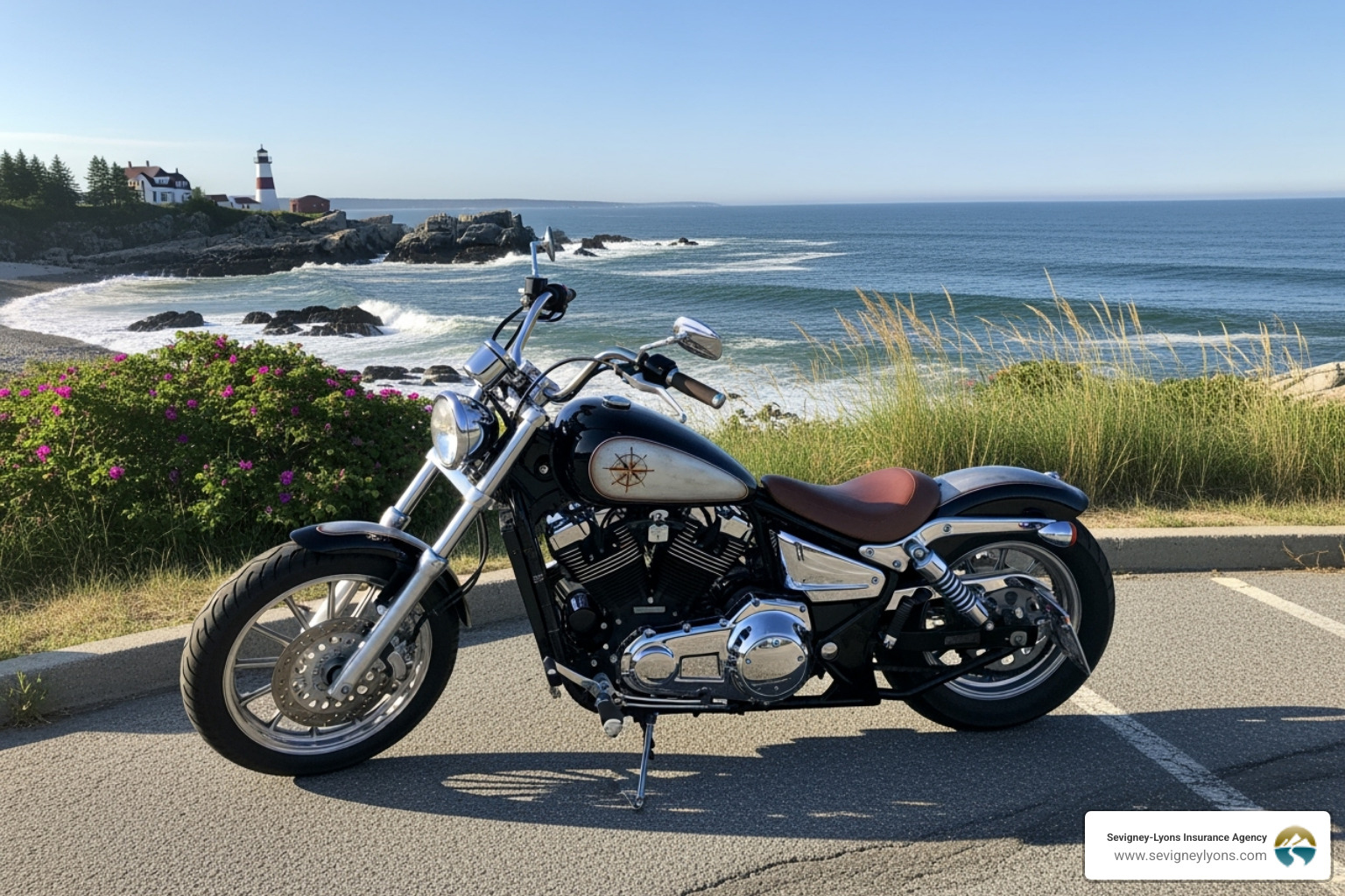 Custom cruiser motorcycle parked in Ogunquit - cheap motorcycle insurance maine Custom cruiser motorcycle parked in Ogunquit - cheap motorcycle insurance maine
