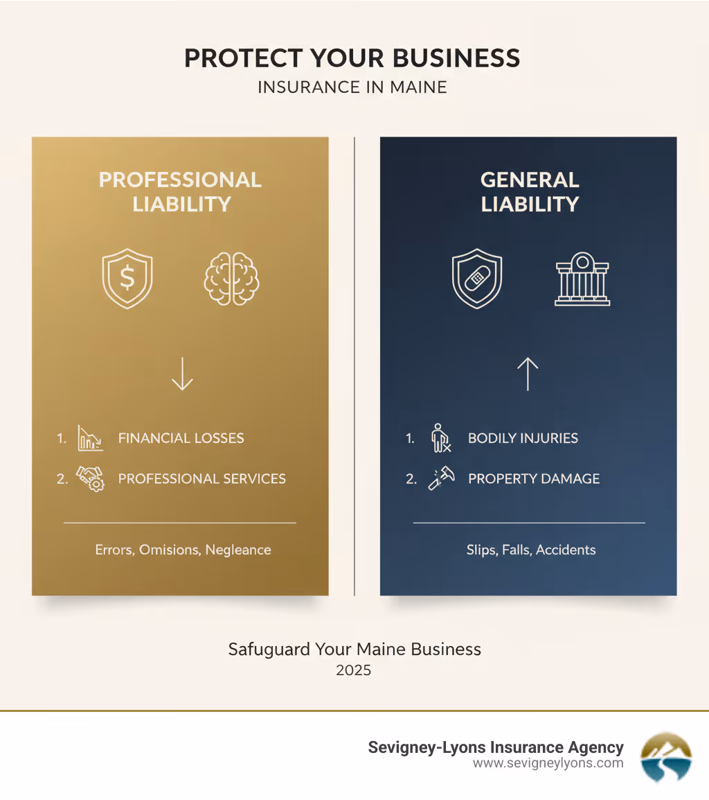 Infographic showing the difference between professional liability insurance covering financial losses from professional services versus general liability insurance covering physical injuries and property damage on business premises - Professional Liability Insurance Maine infographic 