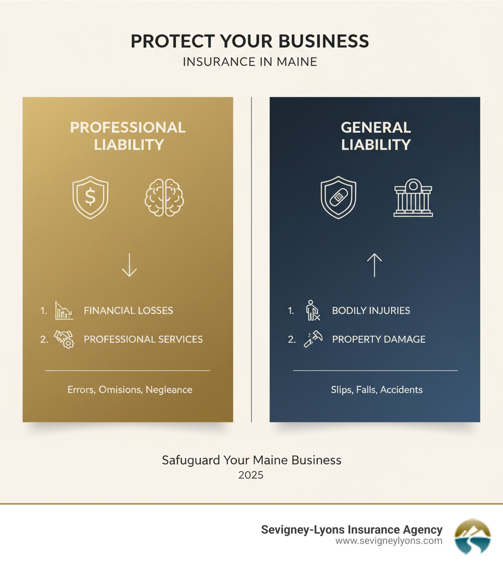 Infographic showing the difference between professional liability insurance covering financial losses from professional services versus general liability insurance covering physical injuries and property damage on business premises - Professional Liability Insurance Maine infographic  Infographic showing the difference between professional liability insurance covering financial losses from professional services versus general liability insurance covering physical injuries and property damage on business premises - Professional Liability Insurance Maine infographic
