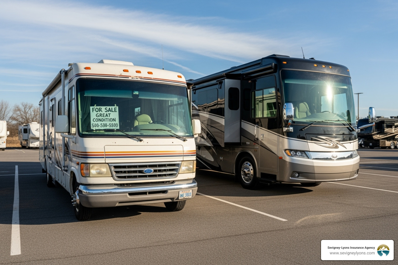 An RV with a "For Sale" sign next to a new one, illustrating an upgrade or change in ownership that could impact insurance rates - Instant RV insurance quote