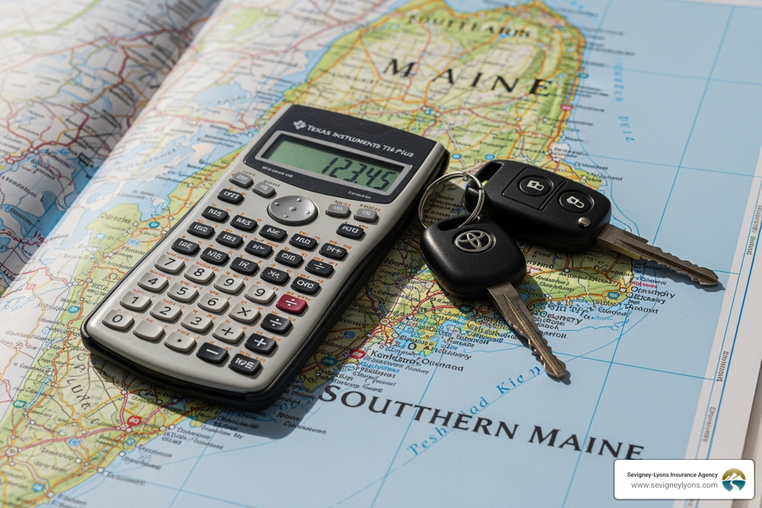 calculator and car keys on a map of Southern Maine - Commercial Auto Insurance Maine