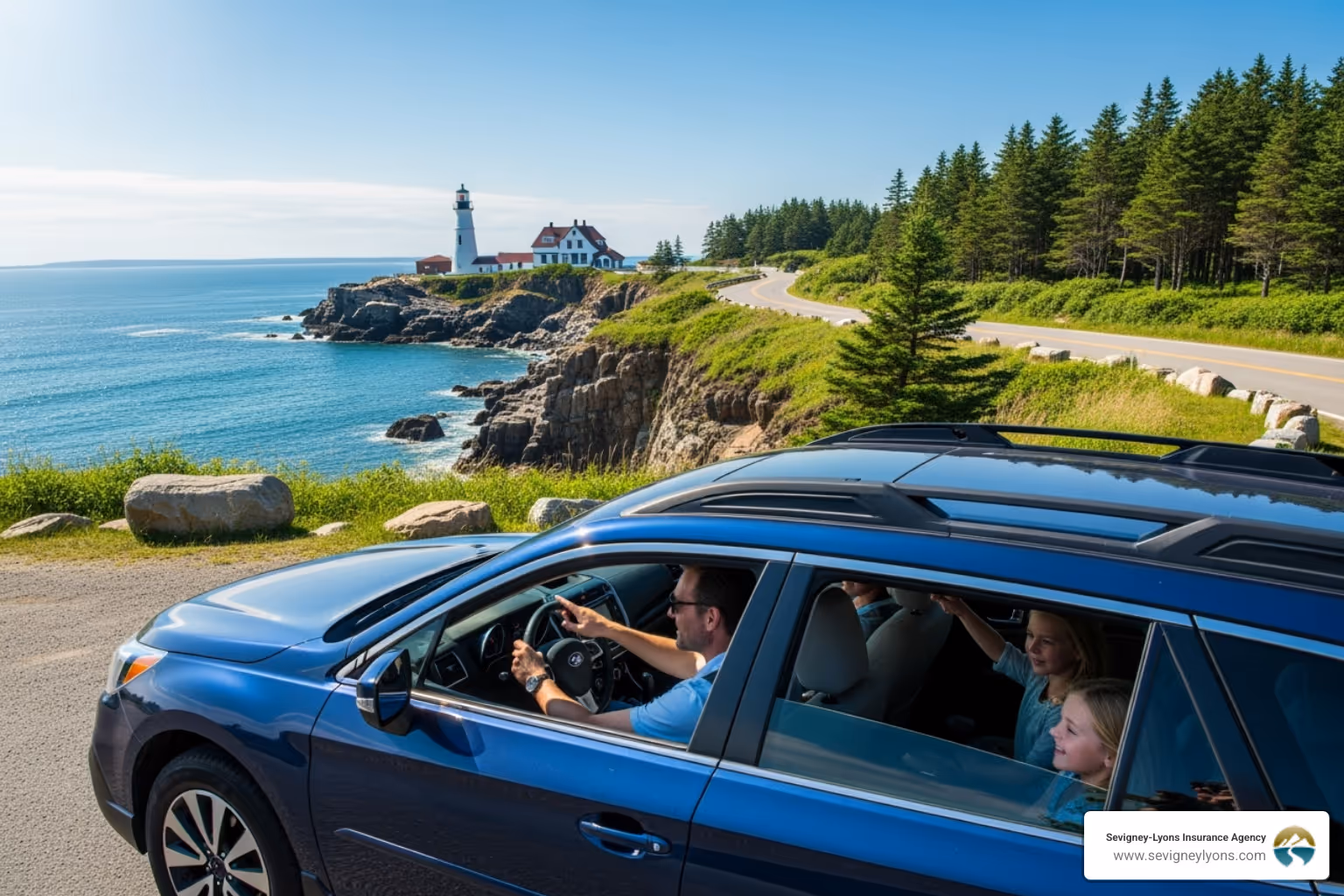 A family enjoying a drive along the scenic Maine coast, illustrating the freedom and peace of mind insurance can provide - Insurance Kennebunk Maine