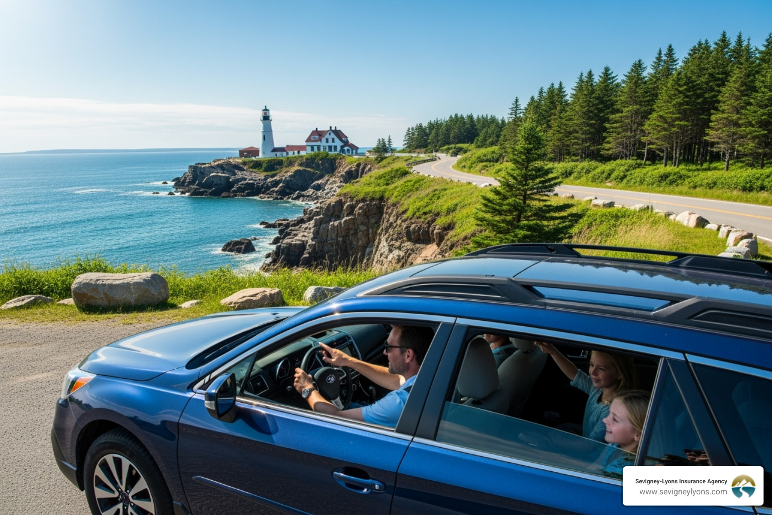 A family enjoying a drive along the scenic Maine coast, illustrating the freedom and peace of mind insurance can provide - Insurance Kennebunk Maine