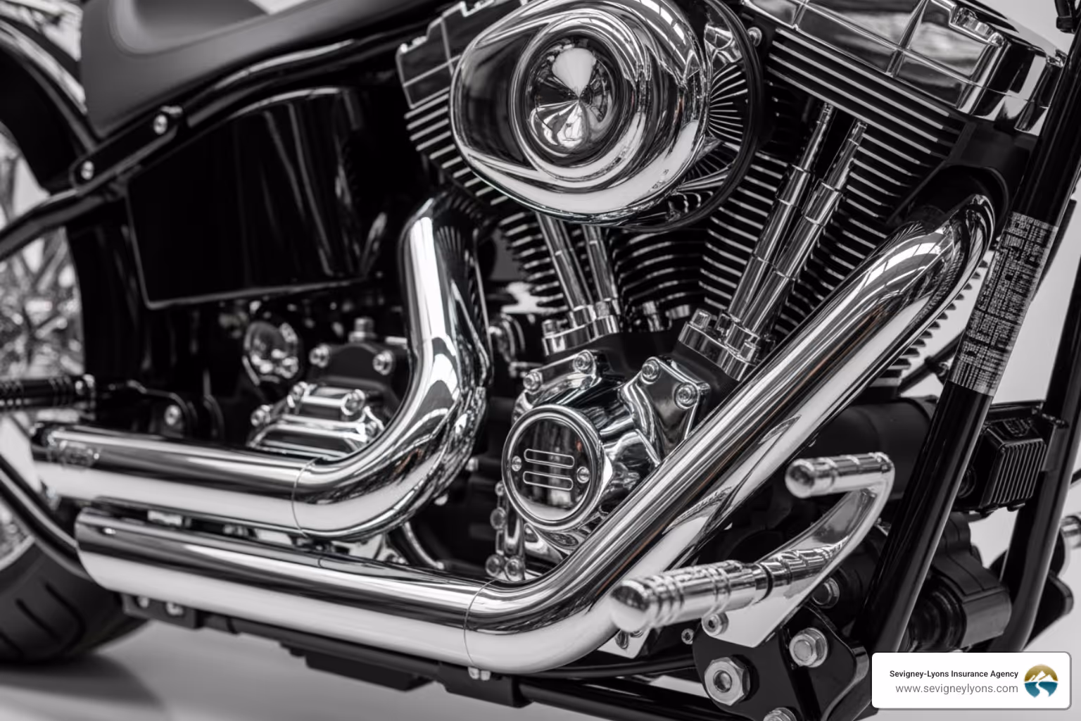 a custom motorcycle's chrome engine and exhaust pipes - motorcycle insurance maine