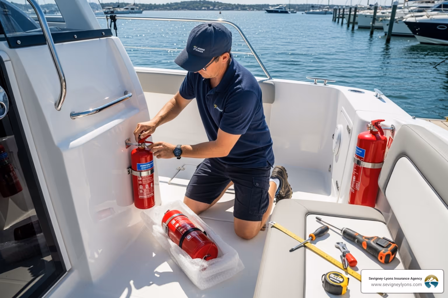 boater installing a new fire extinguisher - How much boat insurance