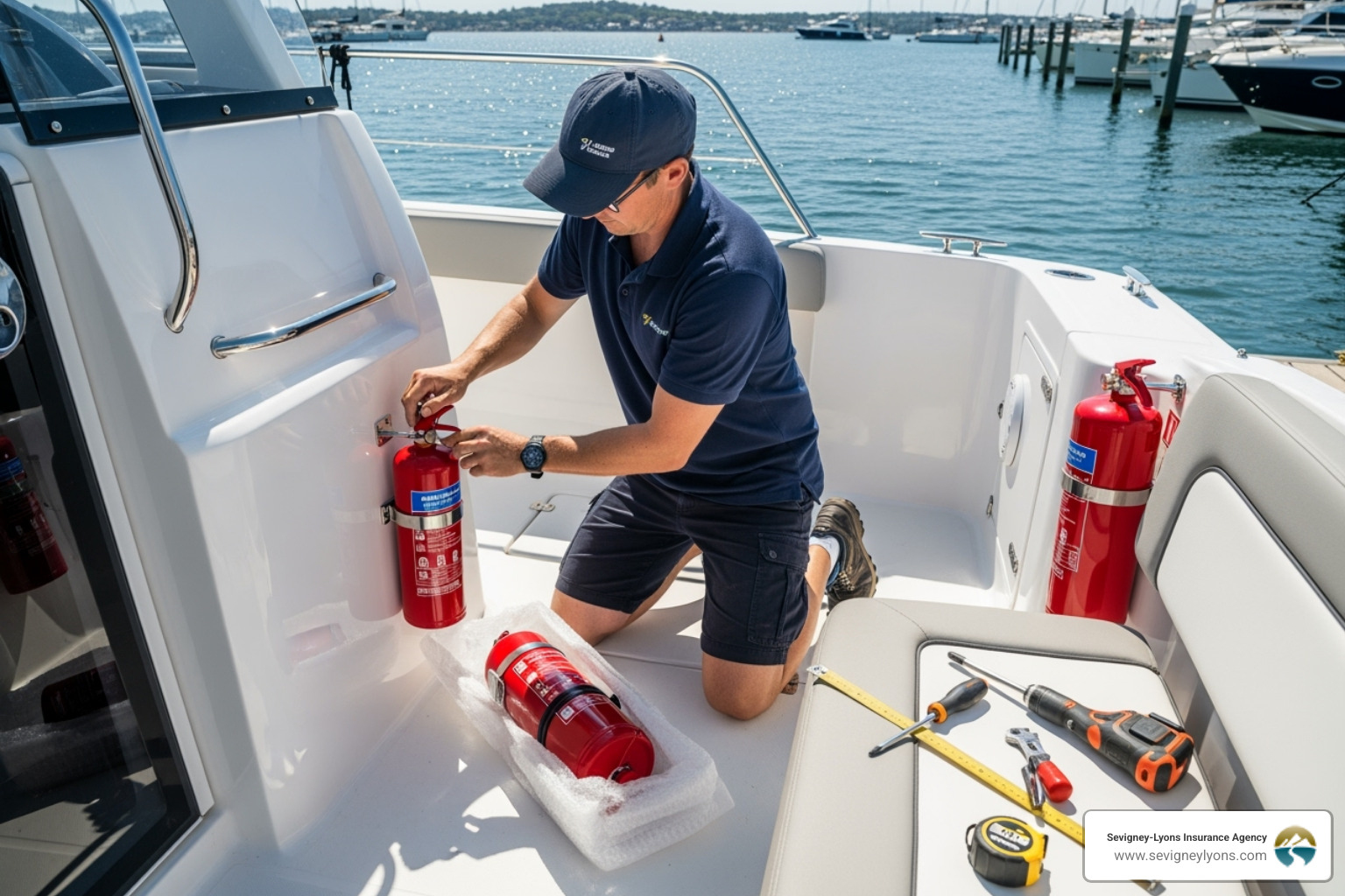 boater installing a new fire extinguisher - How much boat insurance