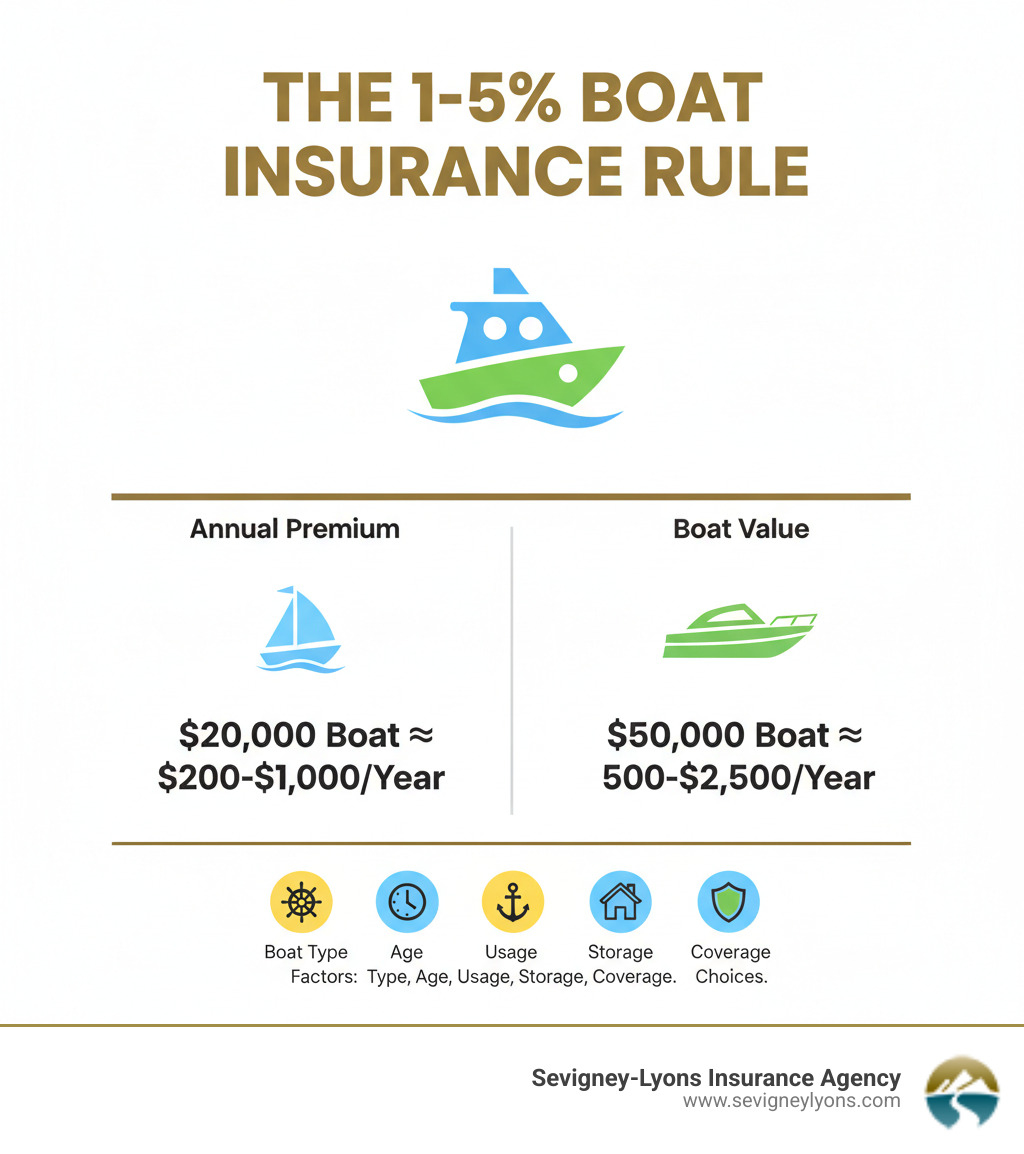 Infographic showing the 1% to 5% rule: Annual boat insurance premiums typically range from 1% to 5% of your boat's total value. For example, a $20,000 boat costs approximately $200-$1,000 per year to insure, while a $50,000 boat costs approximately $500-$2,500 per year. Factors affecting where you fall in this range include boat type, age, usage, storage location, and coverage choices. - How much boat insurance infographic 