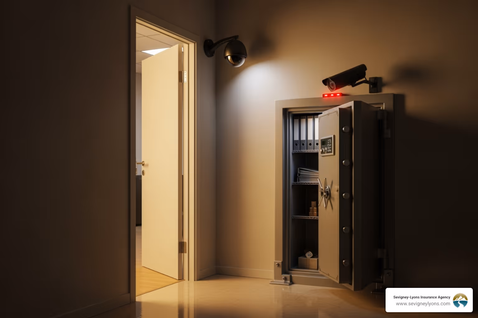 security measures like cameras and a safe - Business crime insurance