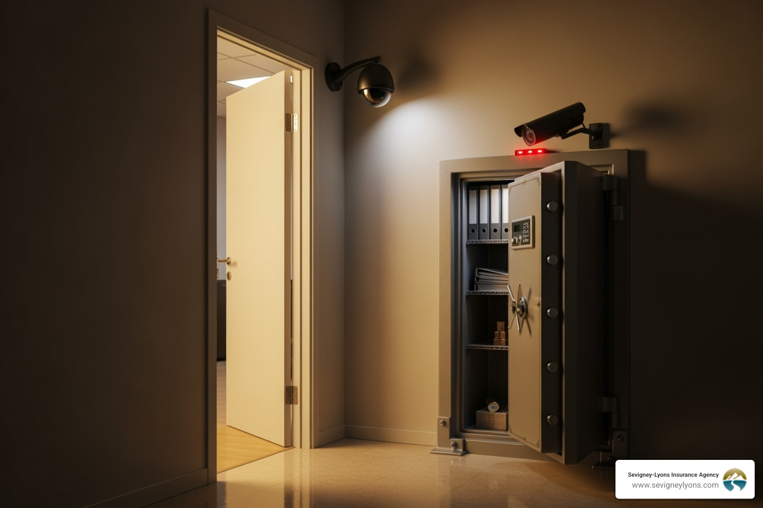 security measures like cameras and a safe - Business crime insurance