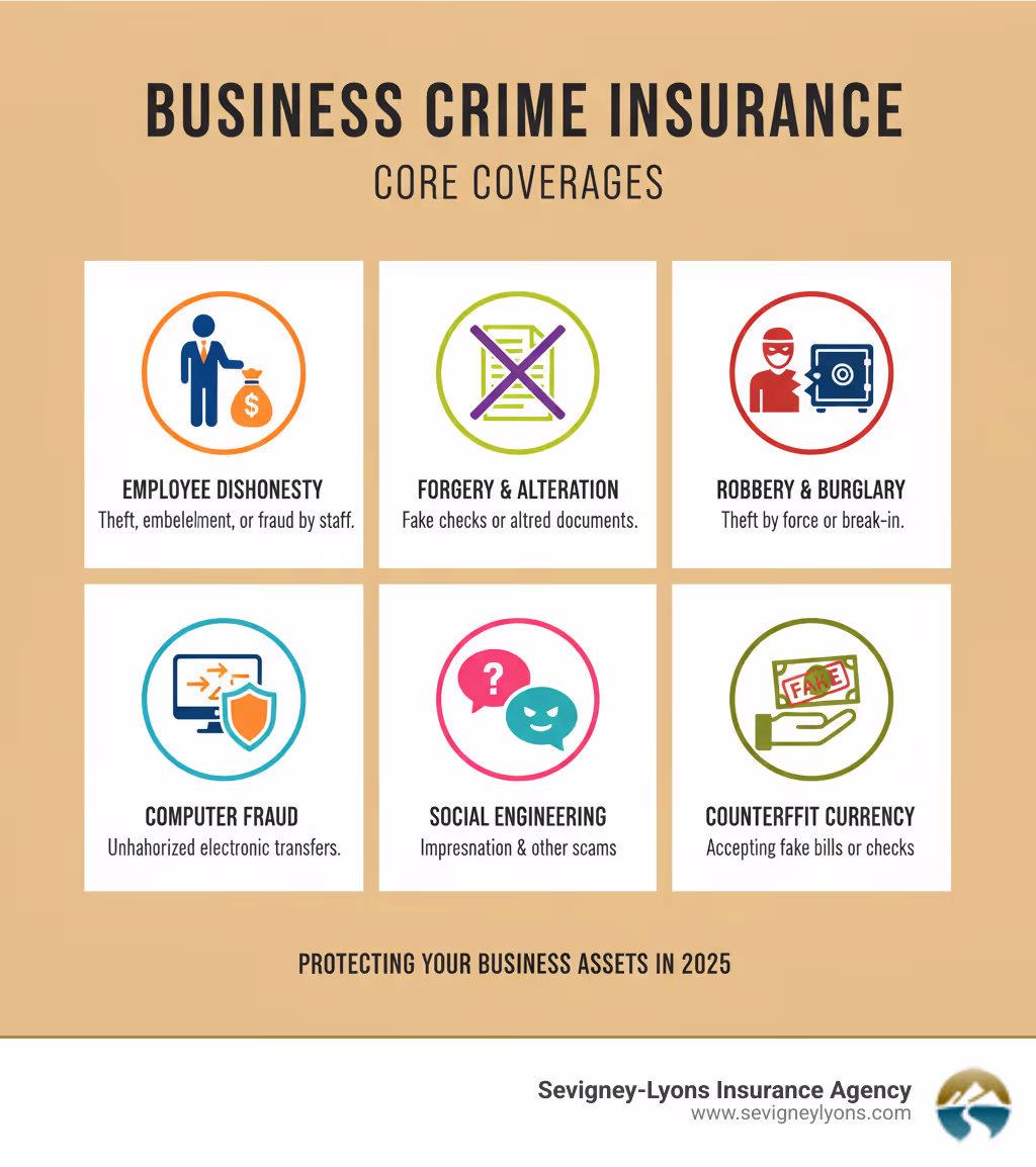 infographic showing the core coverages of business crime insurance including employee dishonesty coverage protecting against theft and embezzlement by staff, forgery coverage for altered checks and documents, robbery and burglary coverage for forced theft, computer fraud coverage for unauthorized electronic transfers, social engineering coverage for impersonation scams, and counterfeit currency coverage for fake bills - Business crime insurance infographic 