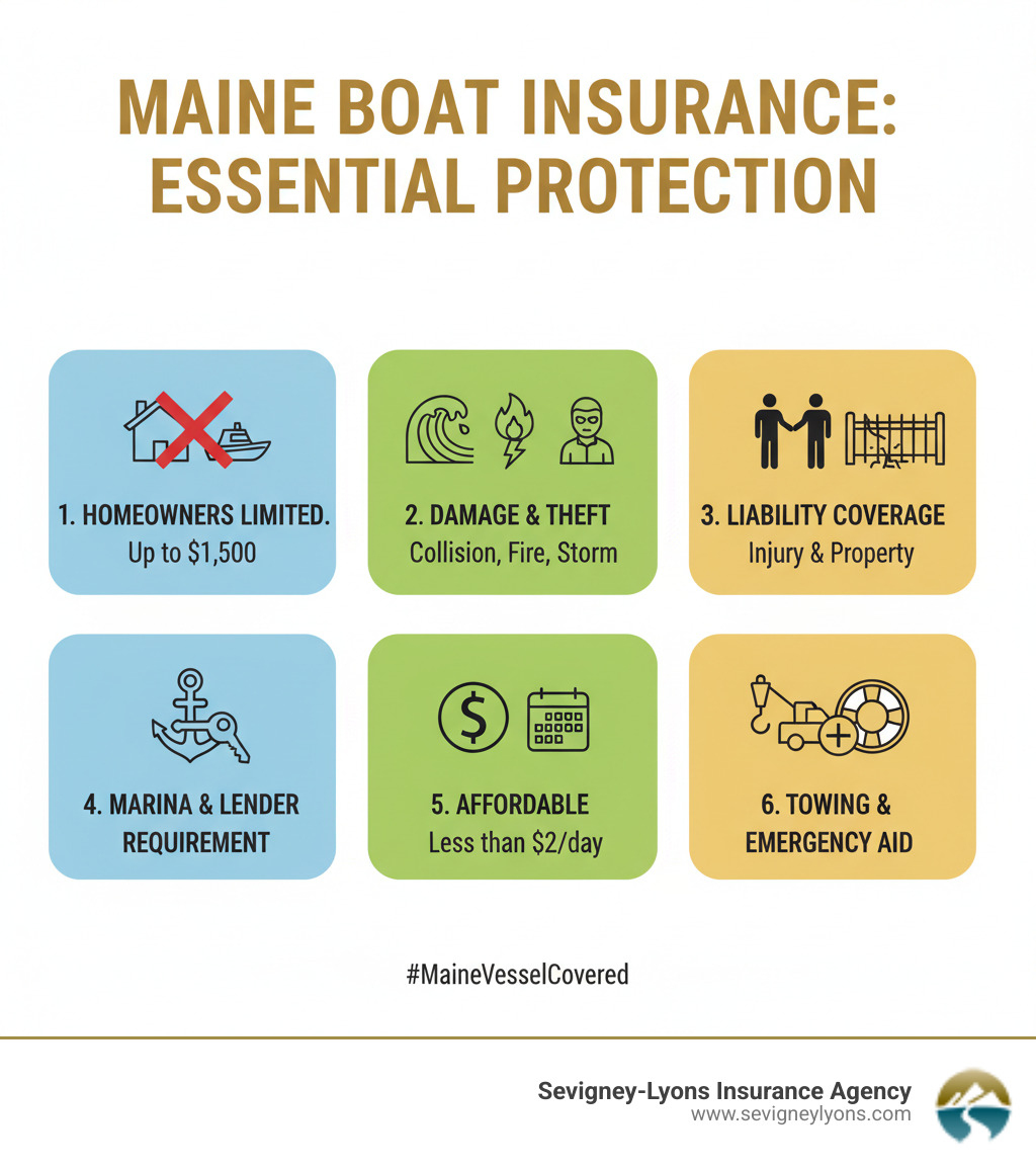 Infographic showing key reasons Maine boat owners need insurance: 1) Homeowners policies only cover up to $1,500, 2) Protect against collision, theft, fire, and storm damage, 3) Covers liability if you injure someone or damage property, 4) Required by most marinas and lenders, 5) Costs less than $2 per day on average, 6) Includes towing and emergency assistance options - Boat insurance Maine infographic 