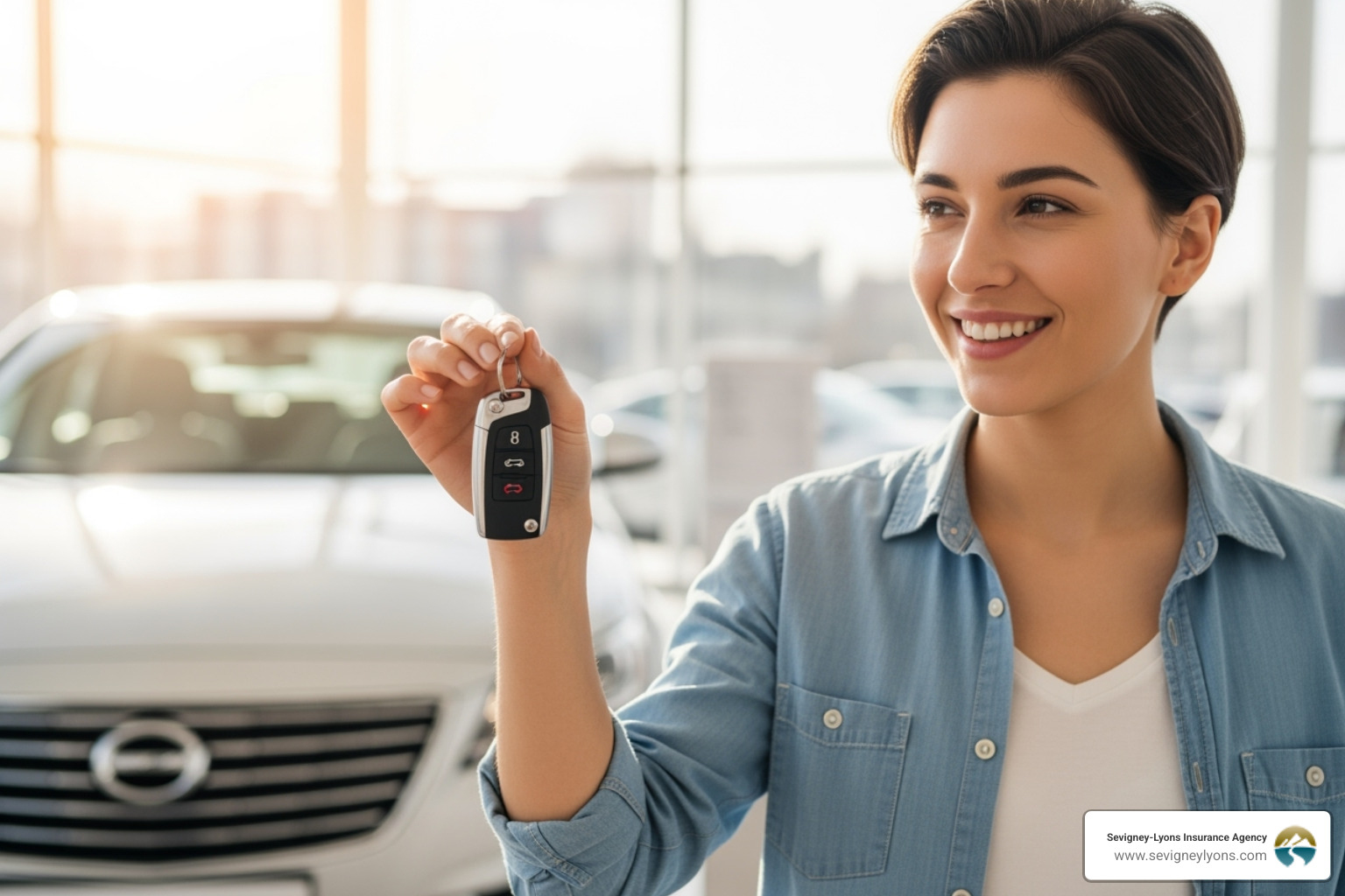 woman holding up keys in front of car at dealership - car insurance under 30 concept