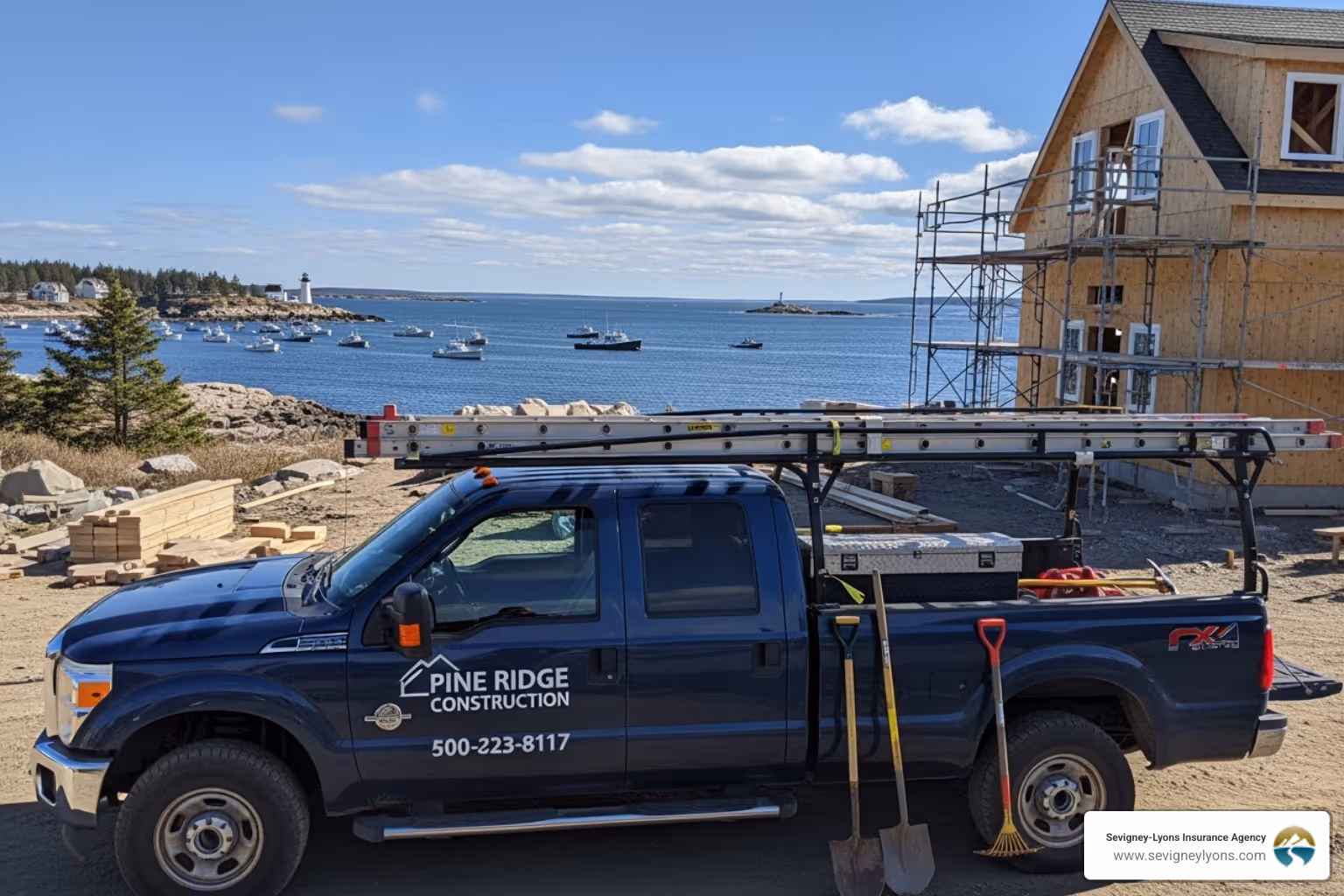 contractor's truck at a job site in Wells, Maine - Commercial auto liability coverage